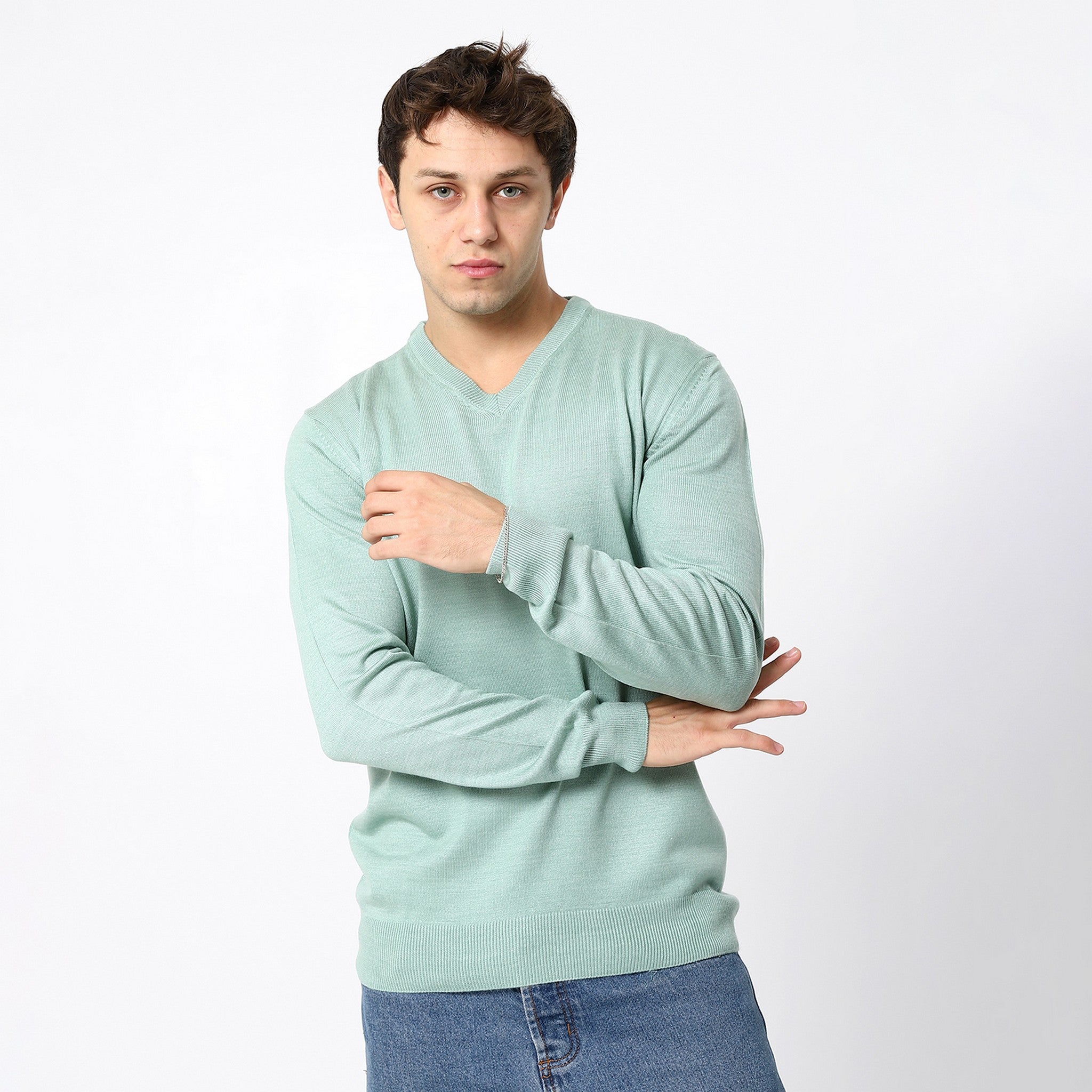 Knitted Pale Mint V-Neck Pullover