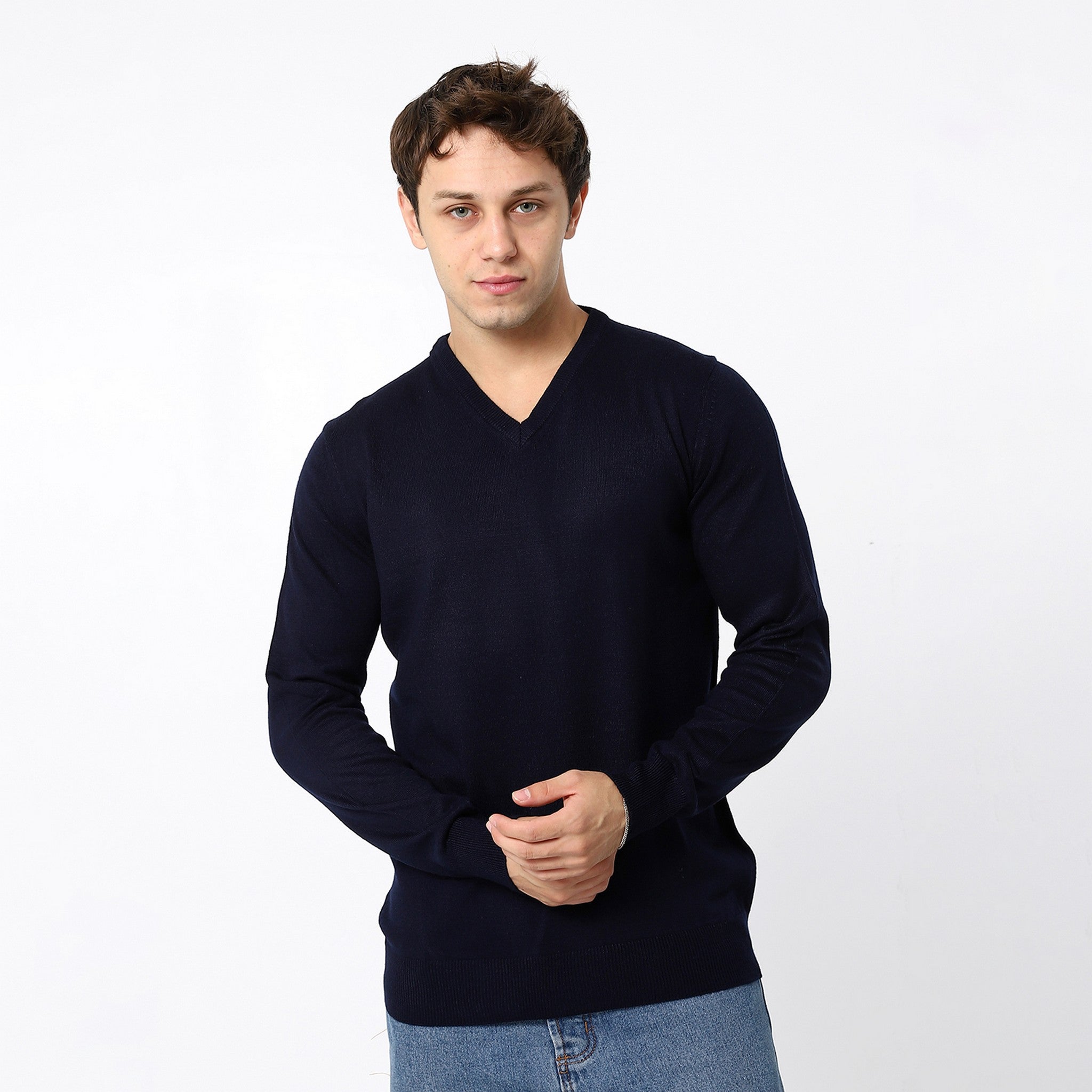 Knitted Navy Blue V-Neck Pullover