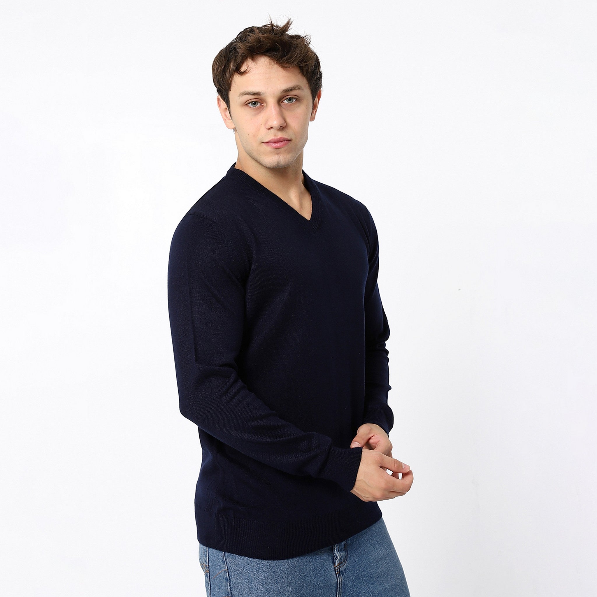 Knitted Navy Blue V-Neck Pullover