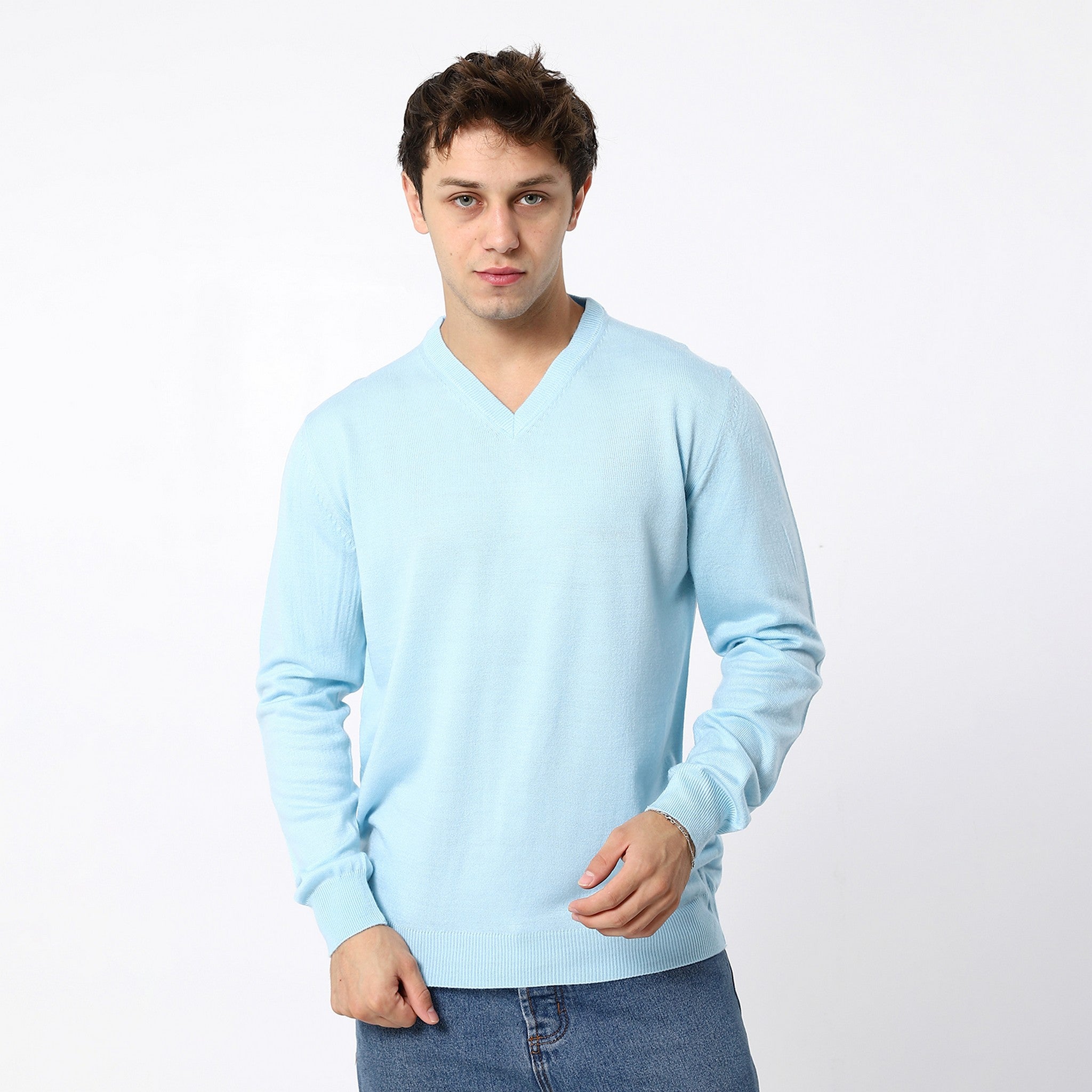 Knitted Sky Blue V-Neck Pullover