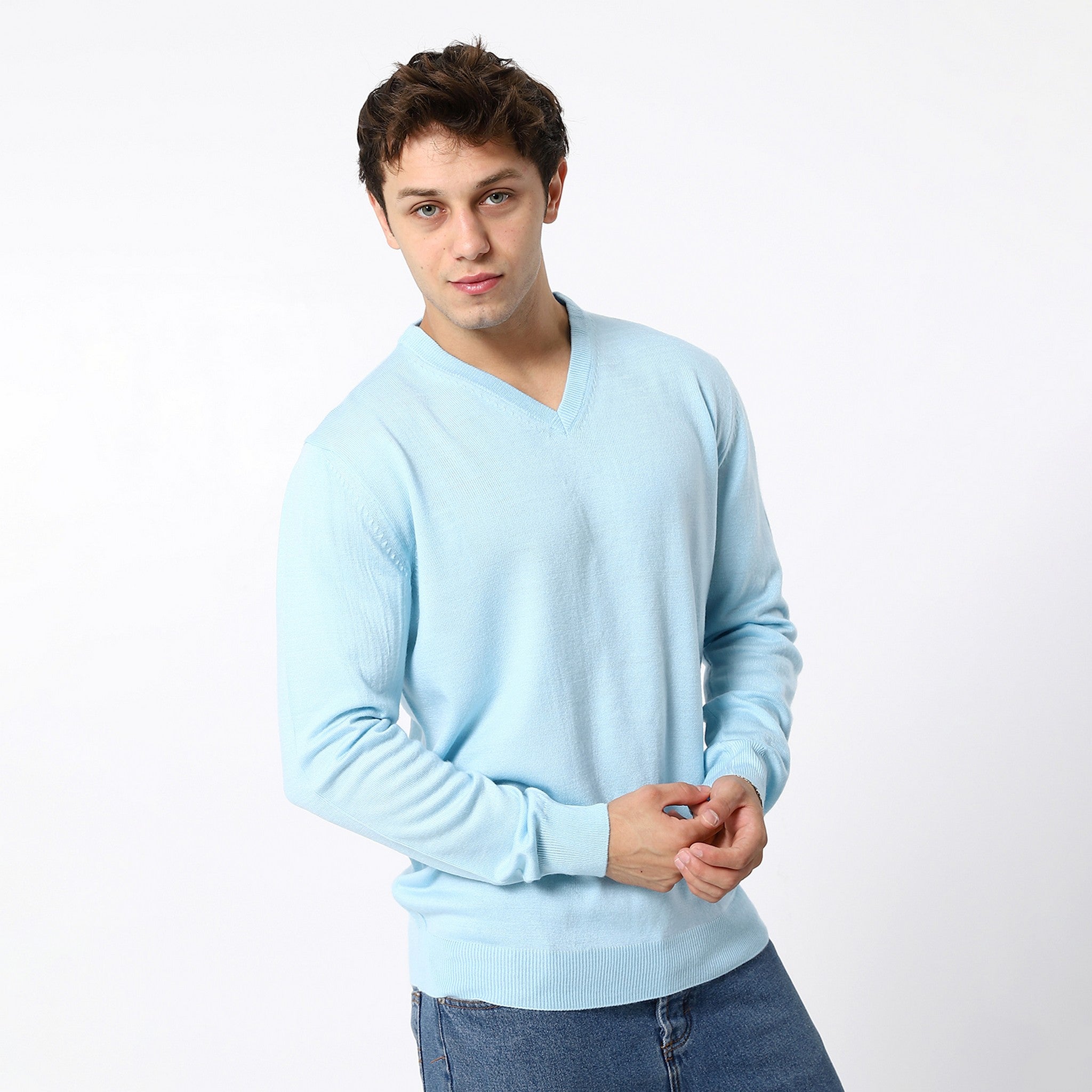 Knitted Sky Blue V-Neck Pullover