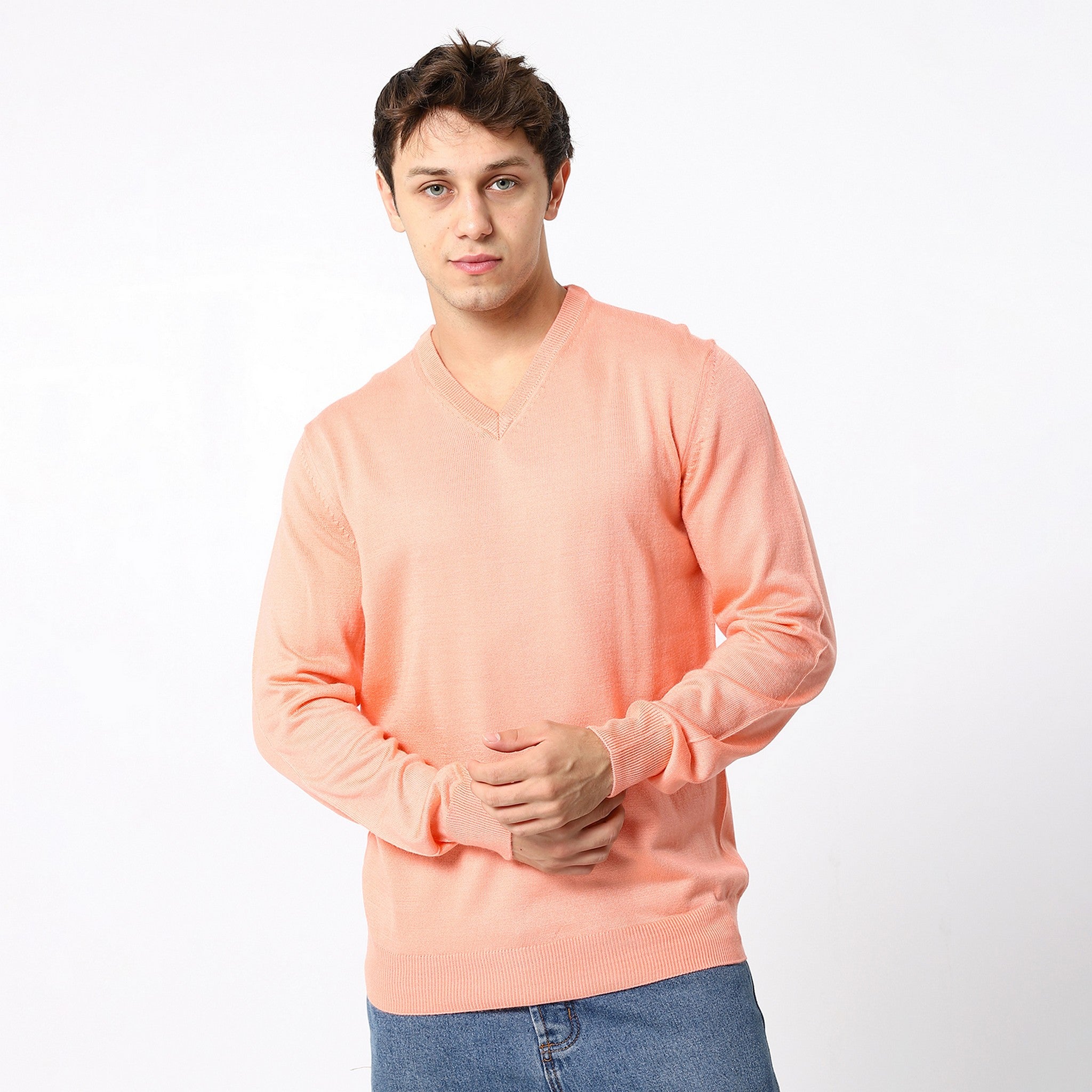 Knitted Peach Pink V-Neck Pullover