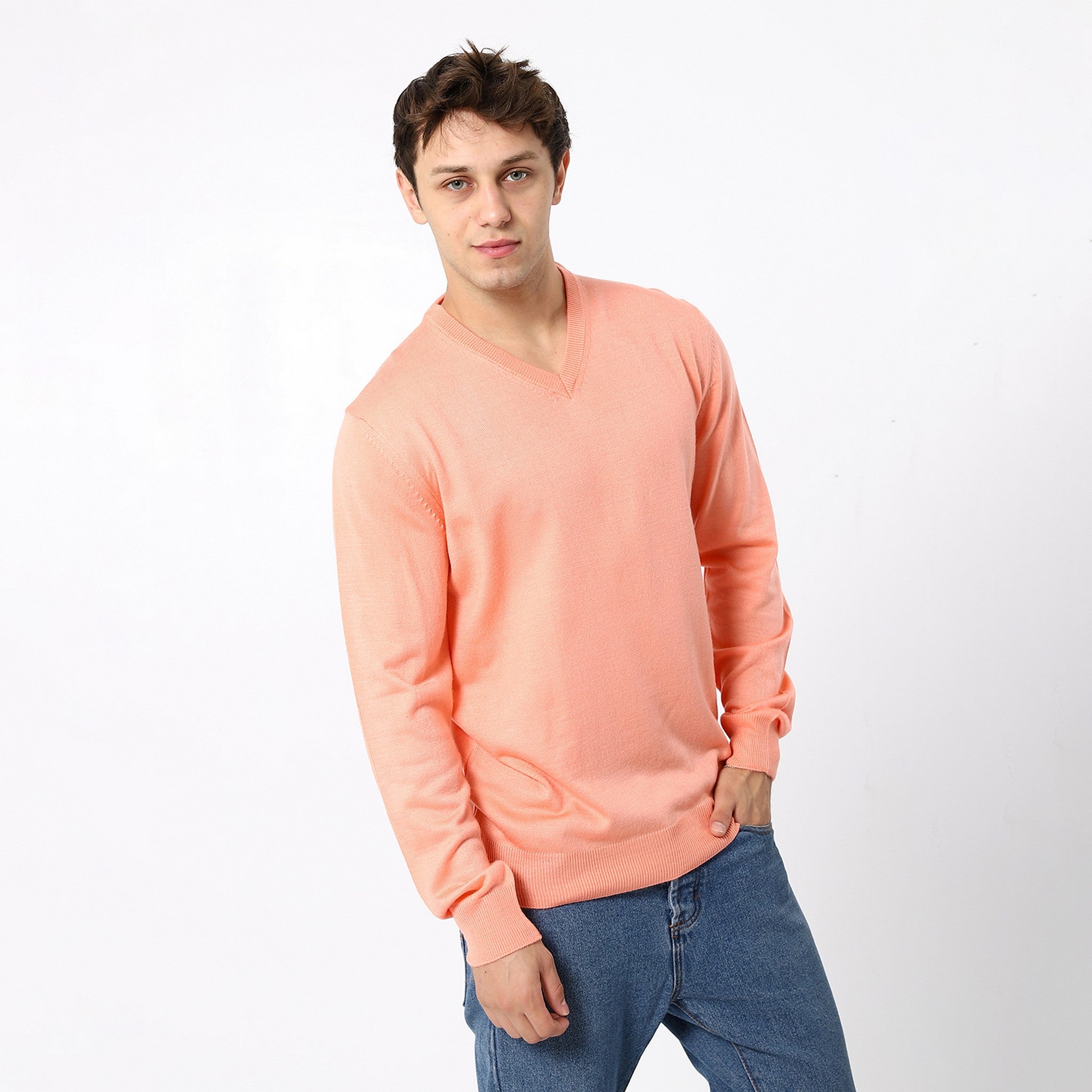 Knitted Peach Pink V-Neck Pullover