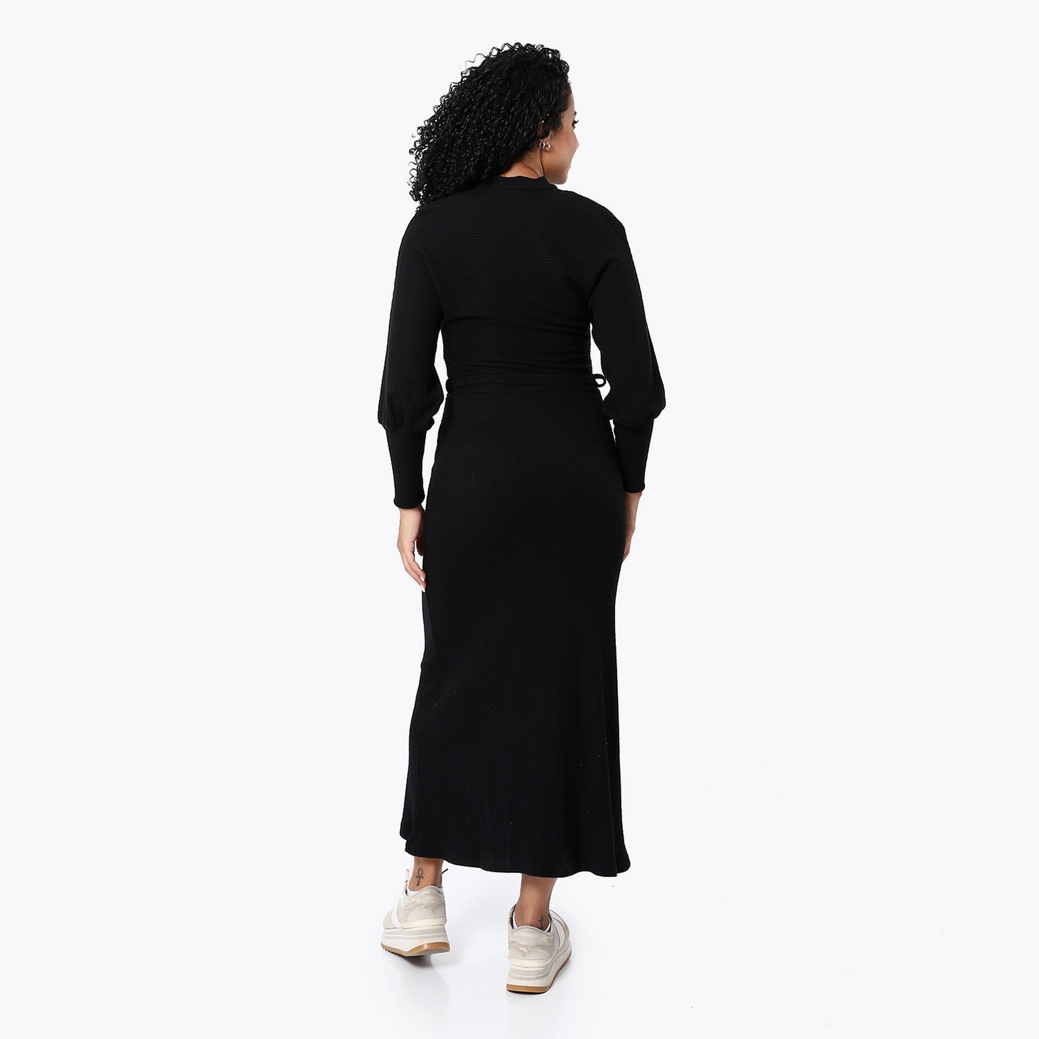 Elegant Ribbed Black Long Dress