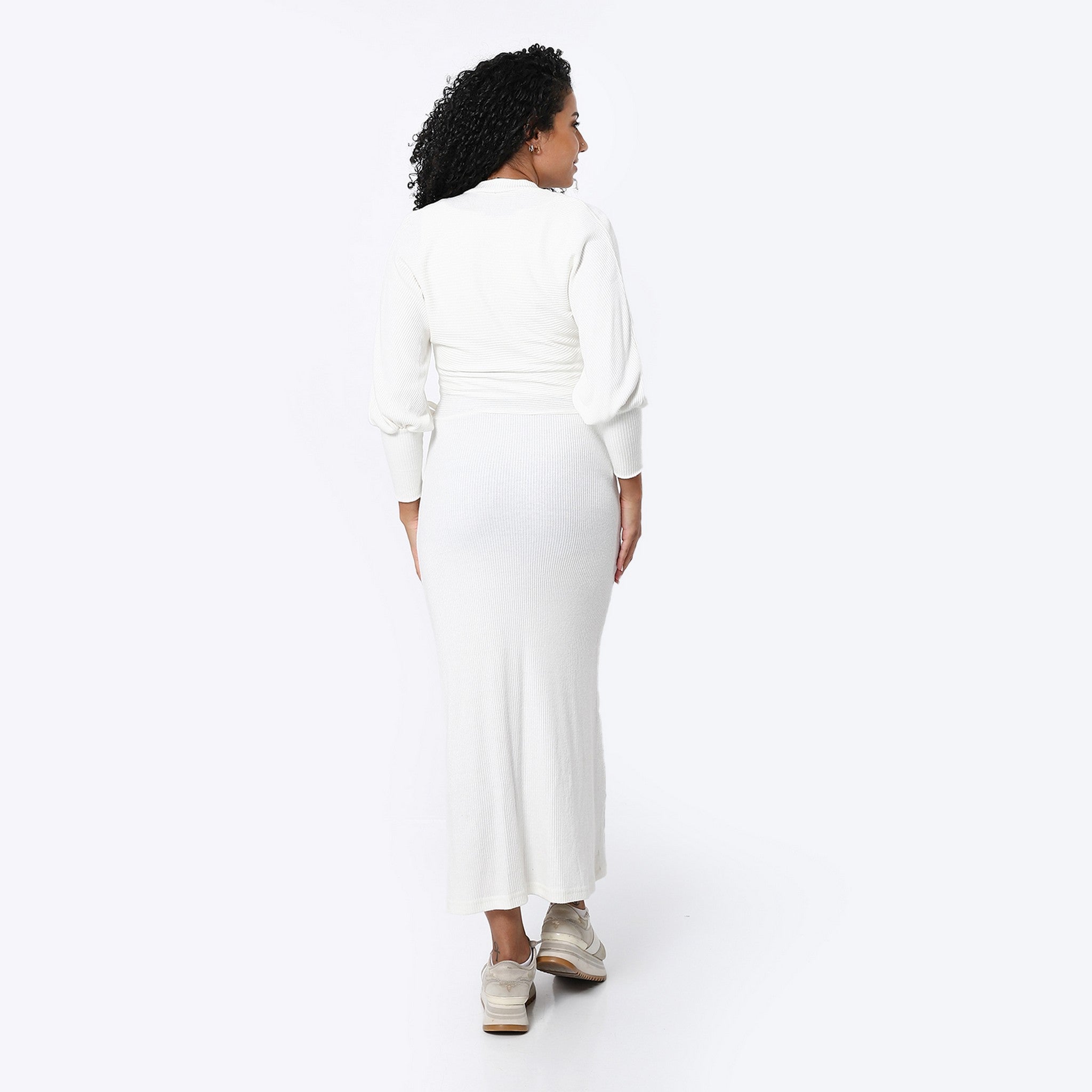 Elegant Ribbed Off-White Long Dress