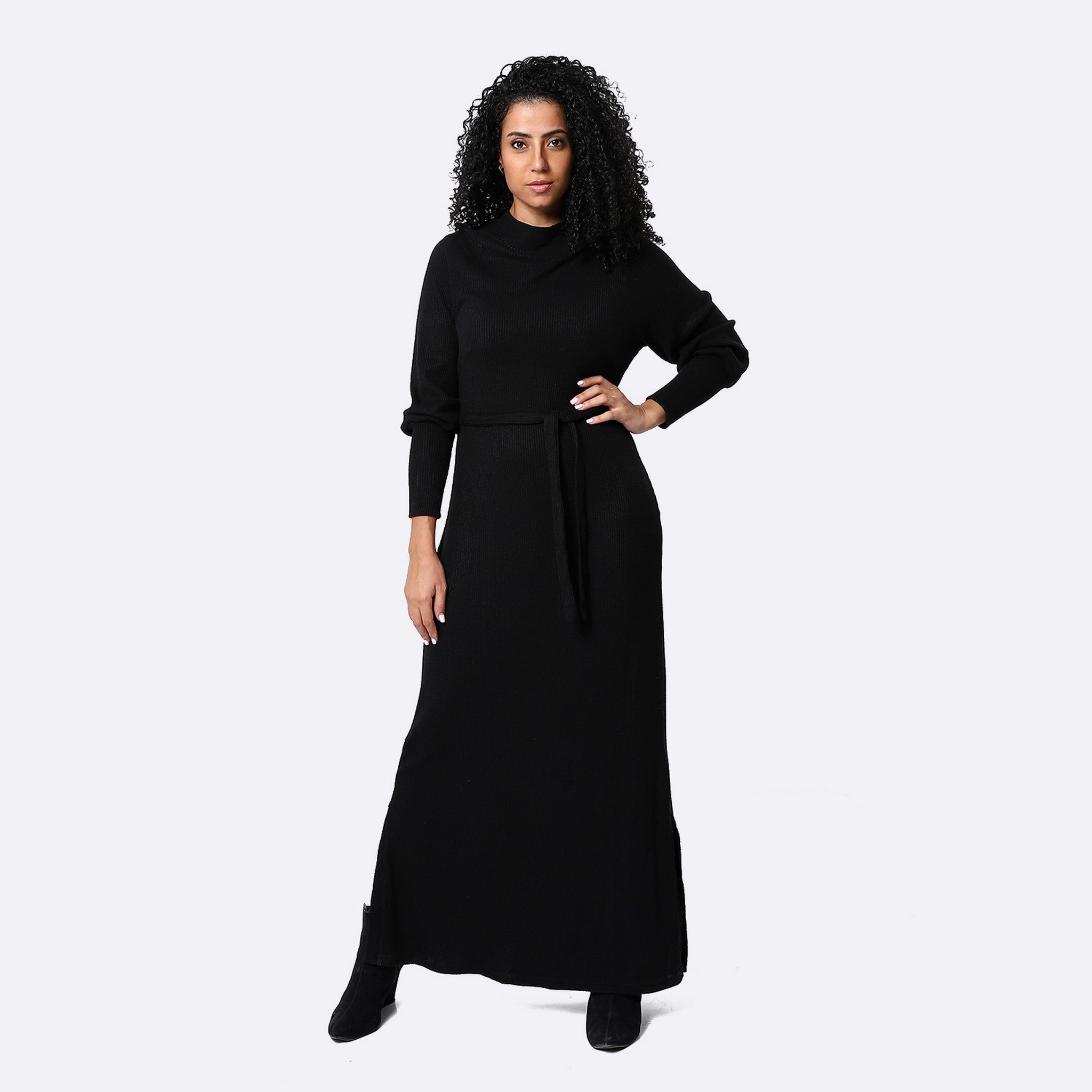 Mock Neck Long Black Elegant Dress