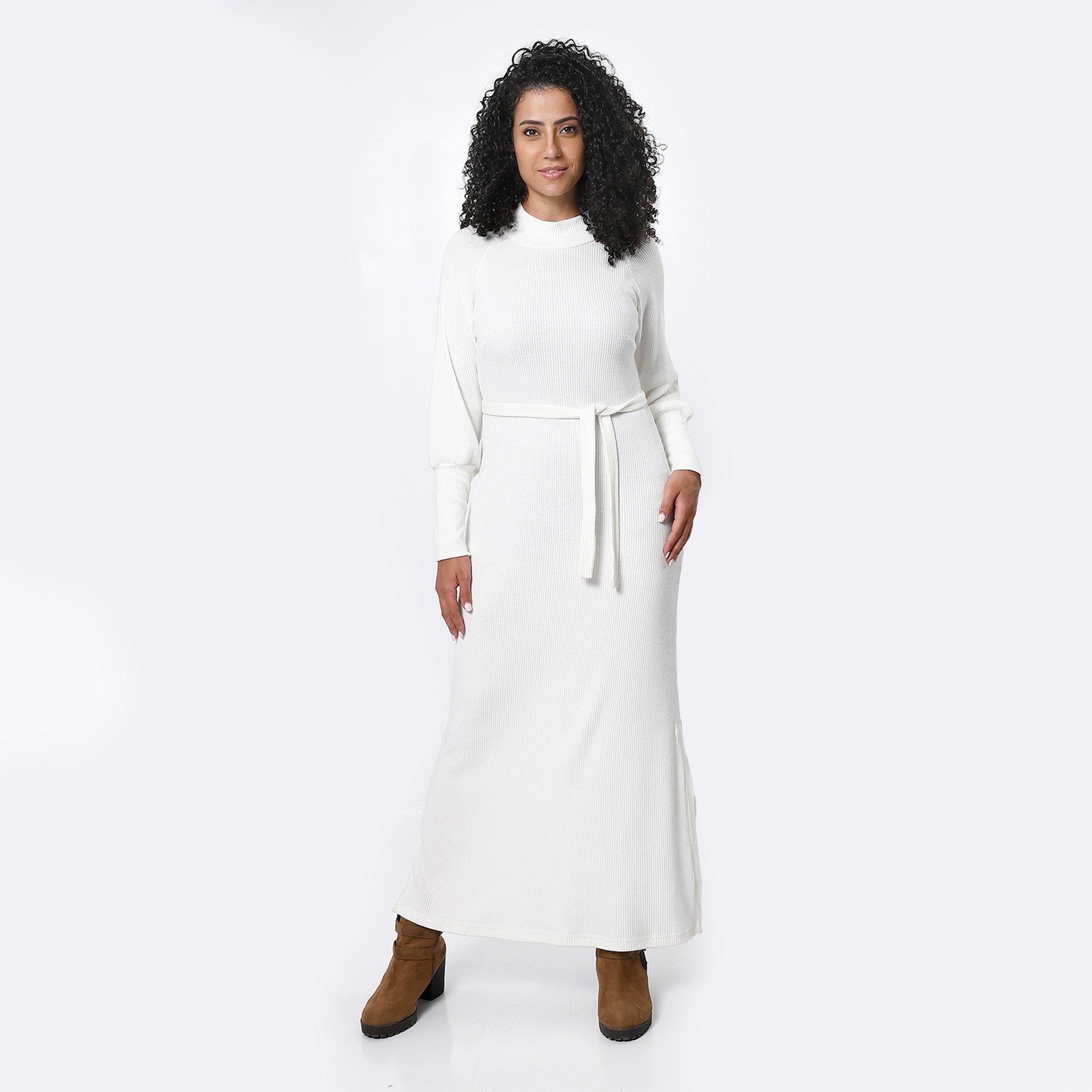 Mock Neck Long Off White Elegant Dress