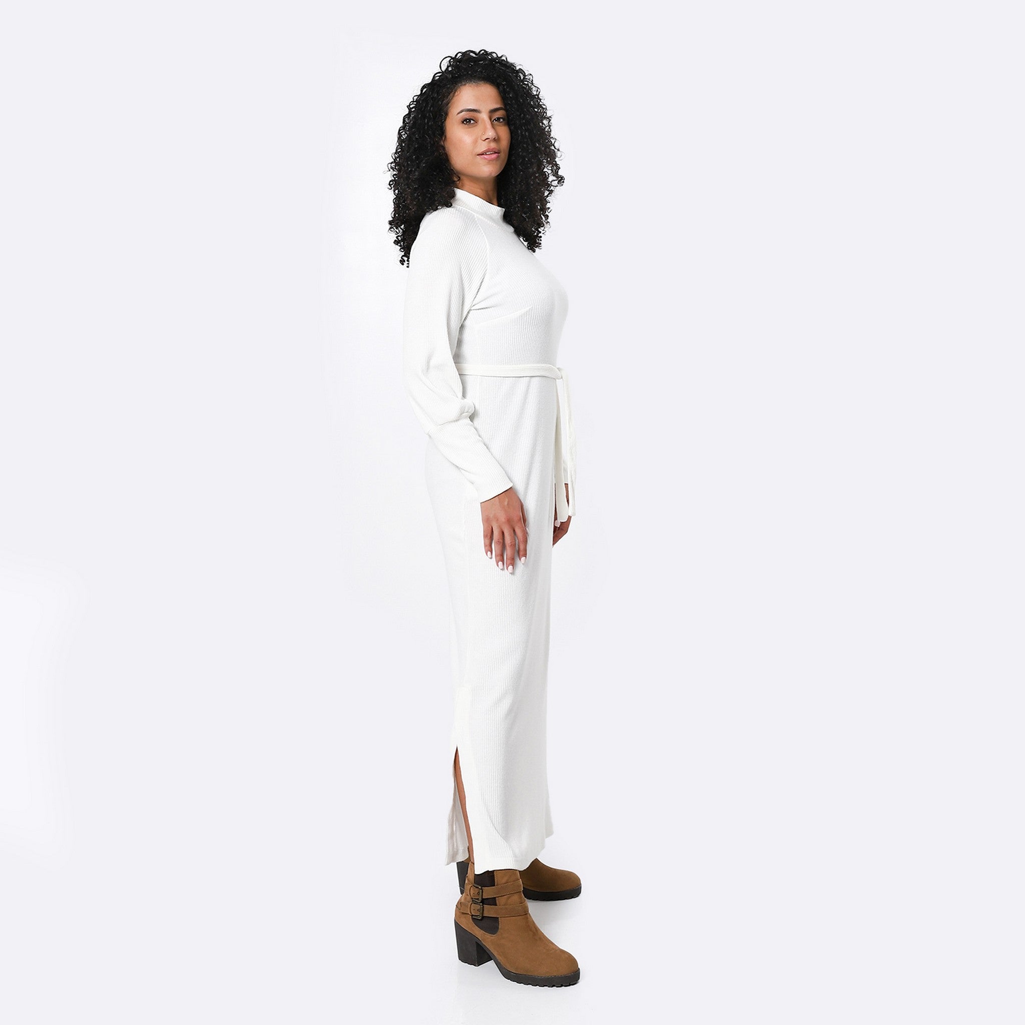 Mock Neck Long Off White Elegant Dress