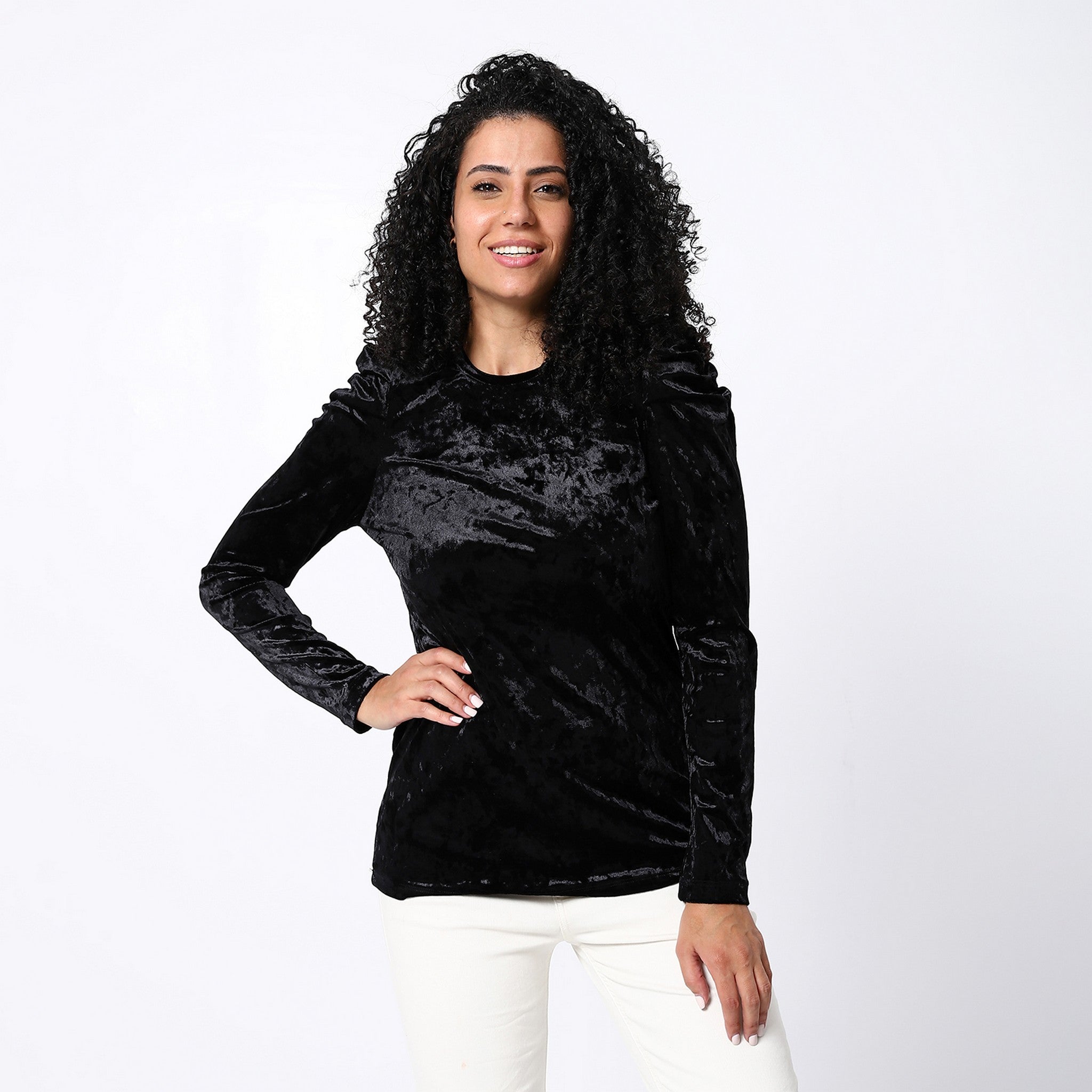 Decorated Puffed Shoulder Velvet Black Top