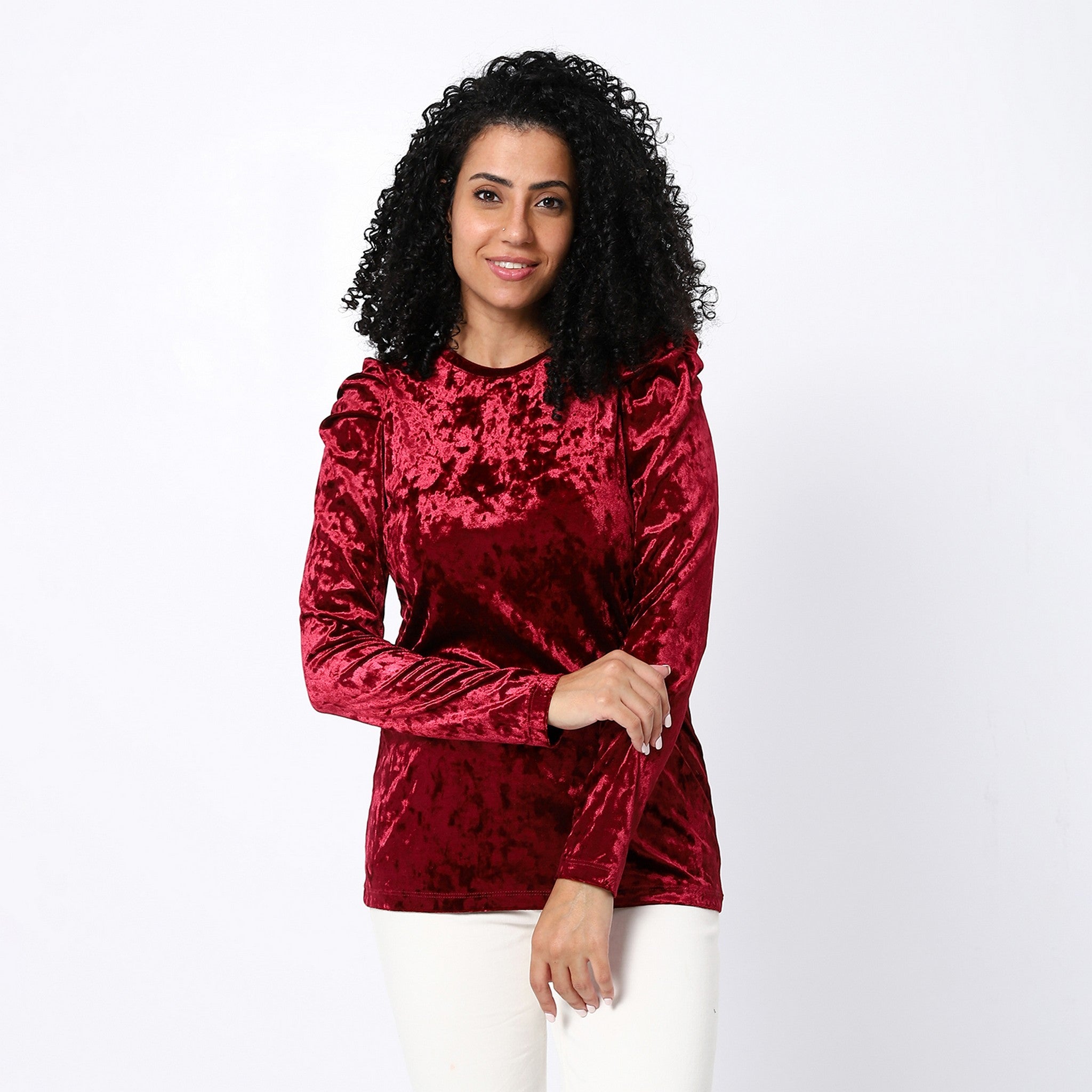 Decorated Puffed Shoulder Velvet Candy Red Top