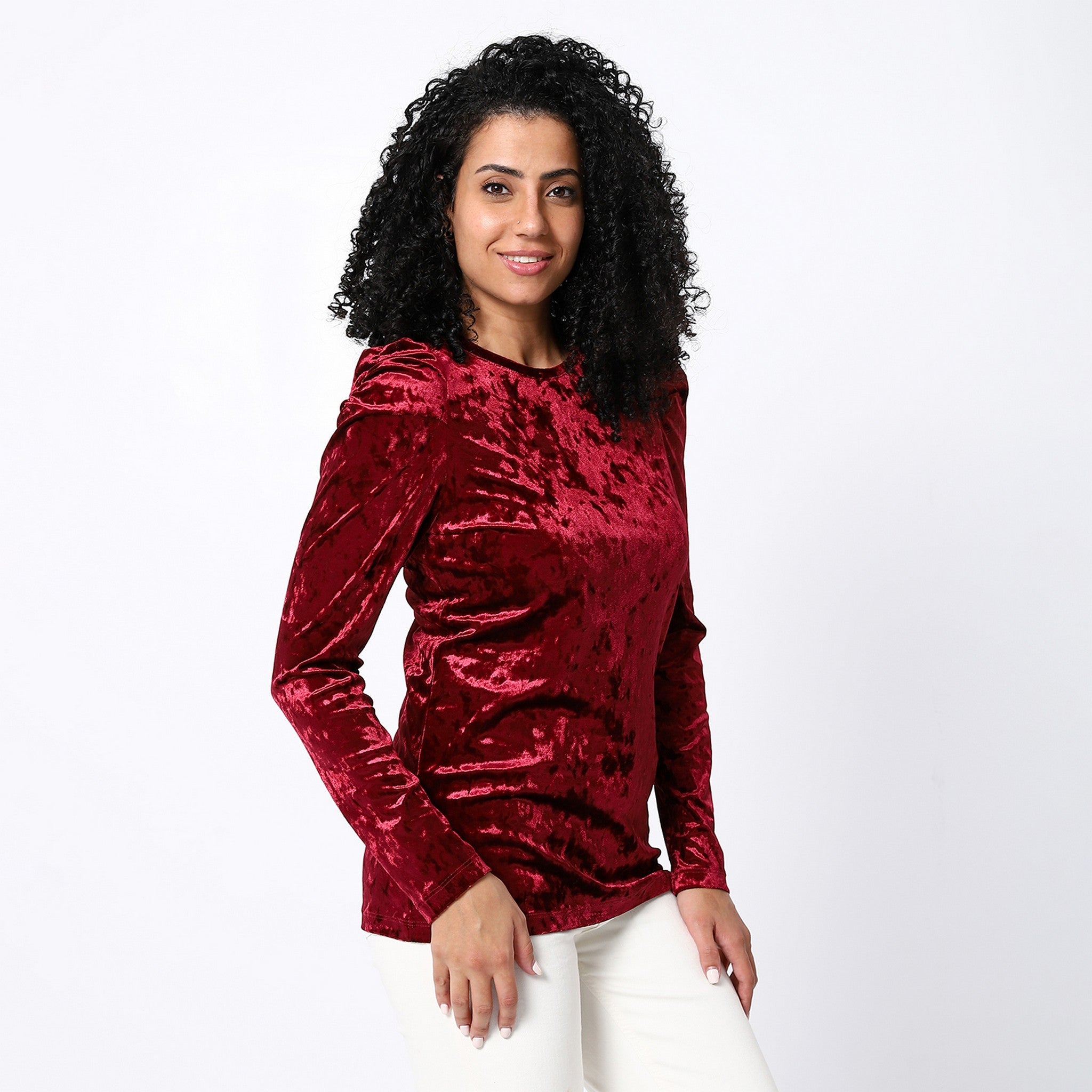 Decorated Puffed Shoulder Velvet Candy Red Top