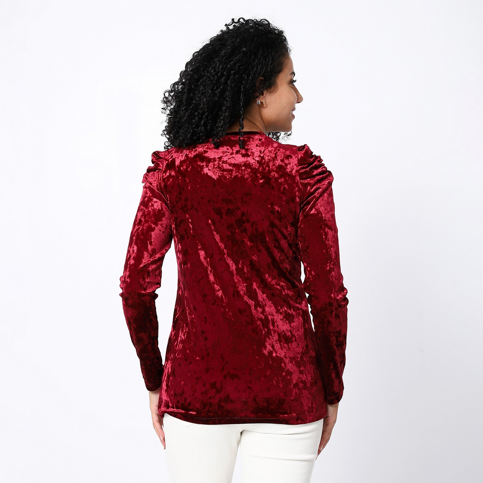 Decorated Puffed Shoulder Velvet Candy Red Top