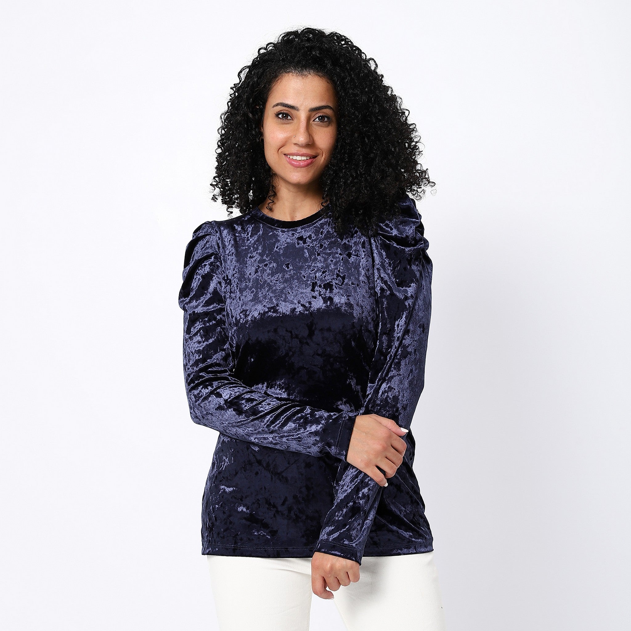 Decorated Puffed Shoulder Velvet Navy Blue Top