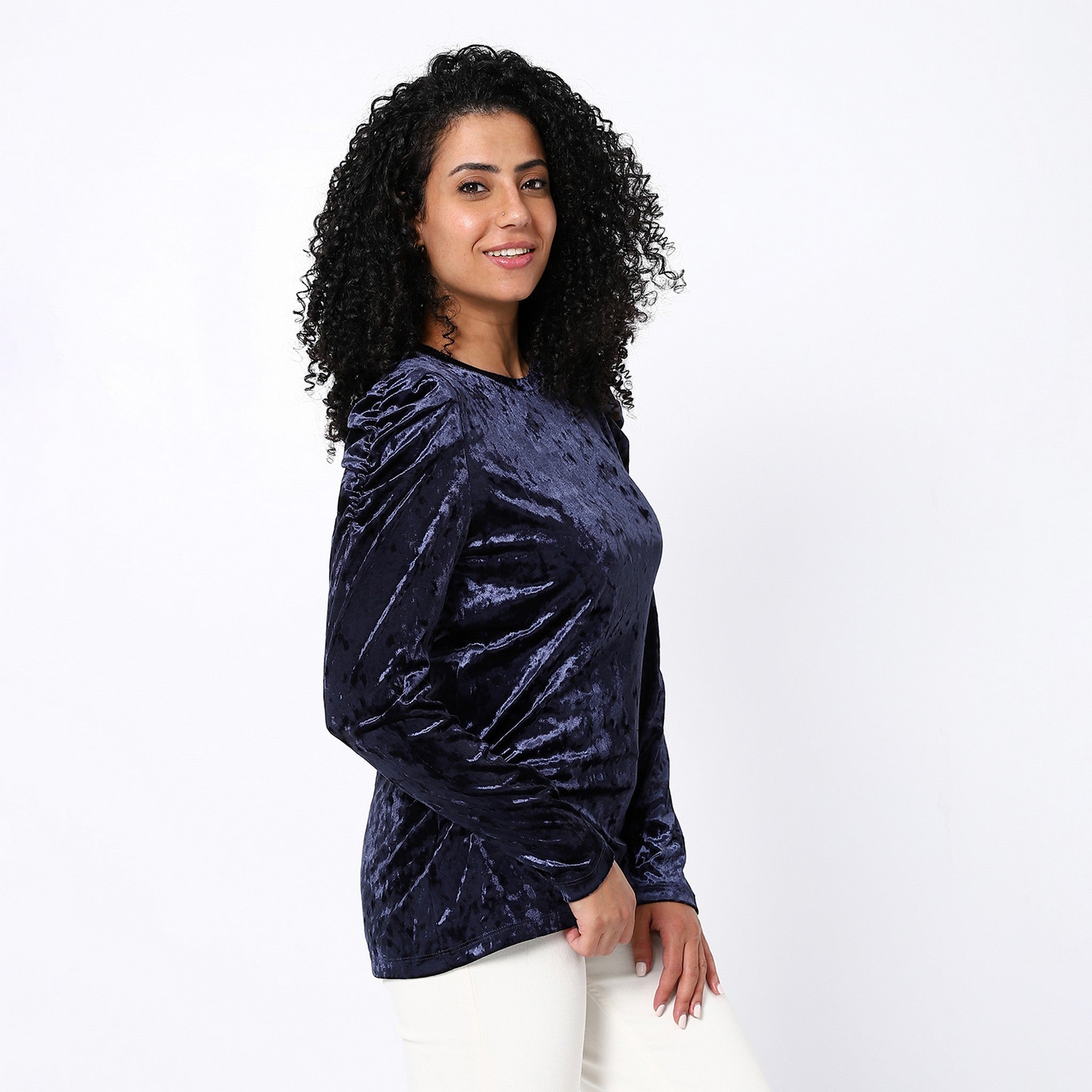 Decorated Puffed Shoulder Velvet Navy Blue Top