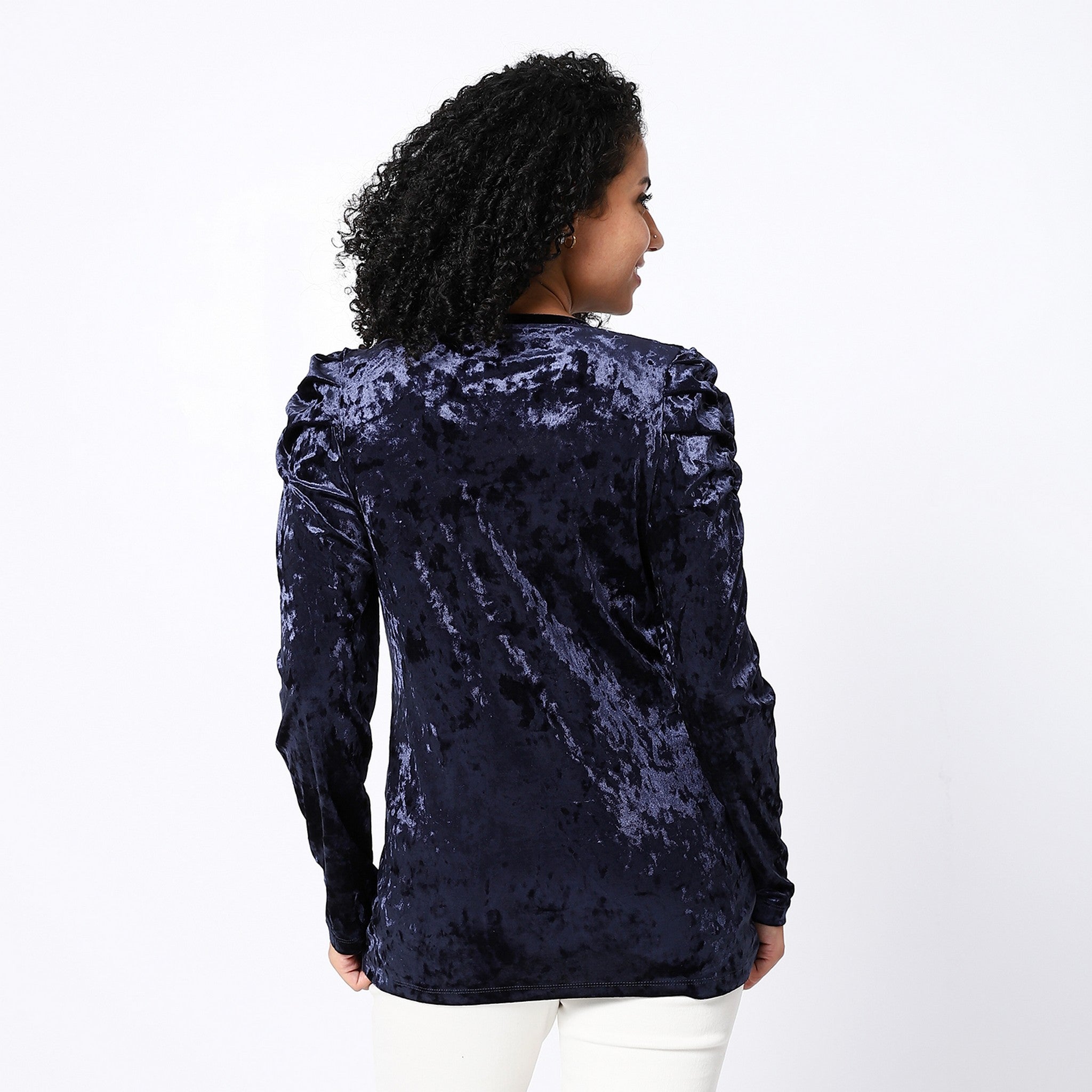 Decorated Puffed Shoulder Velvet Navy Blue Top