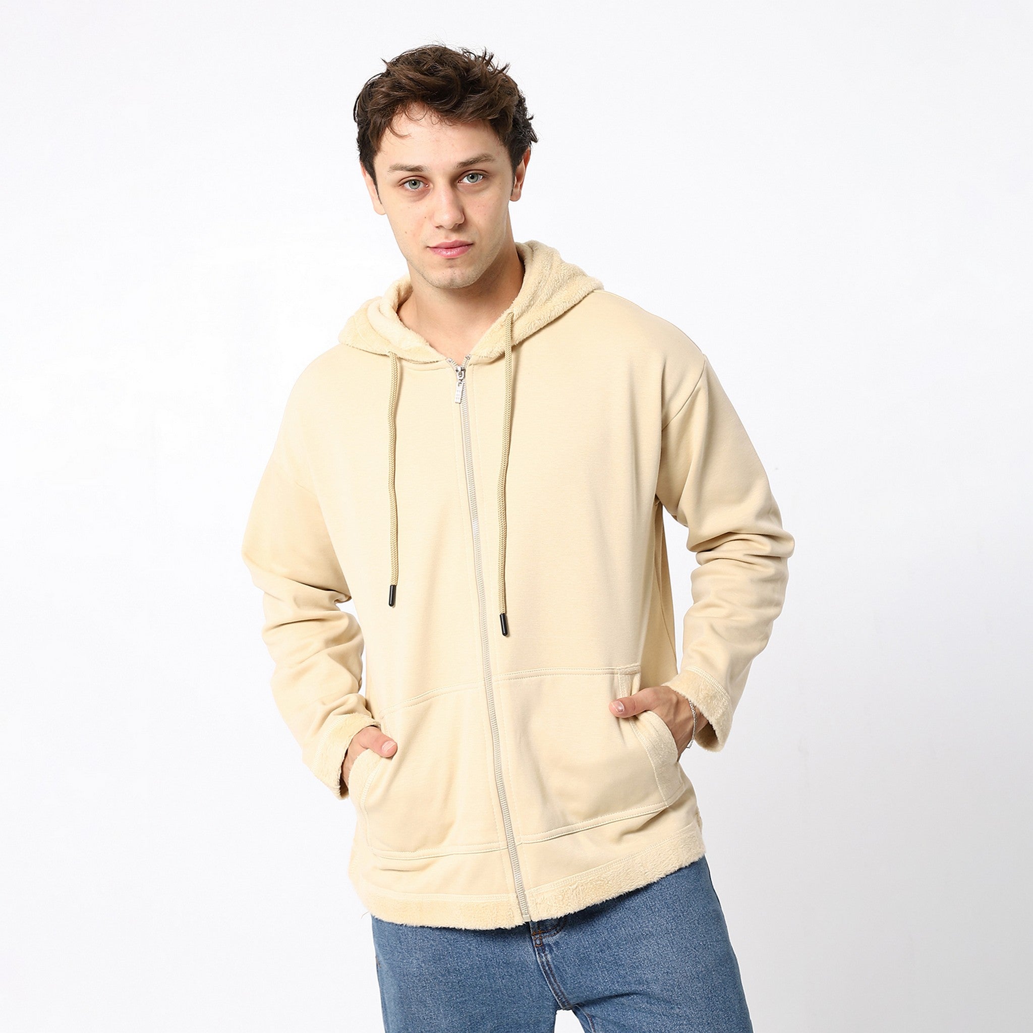 Cosmic Latte Beige Plain Zipped Sweatshirt