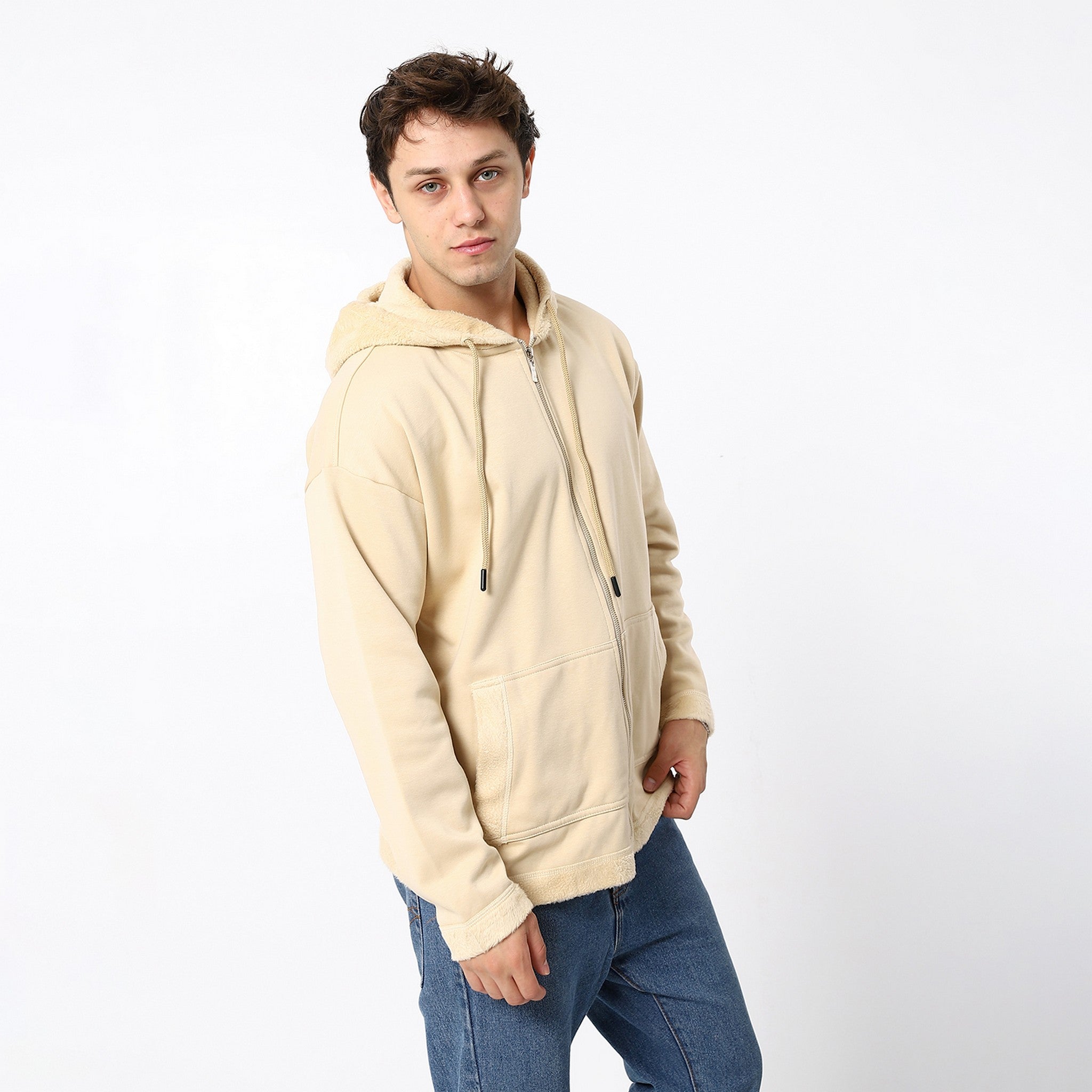 Cosmic Latte Beige Plain Zipped Sweatshirt