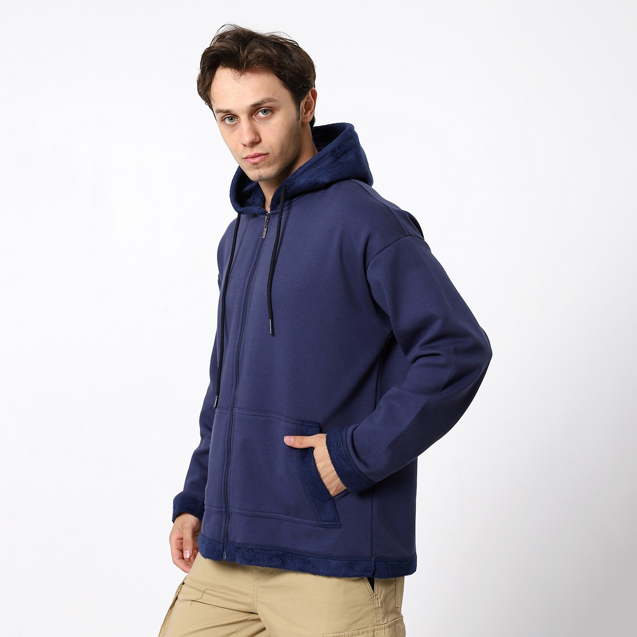 Navy Blue Plain Zipped Sweatshirt