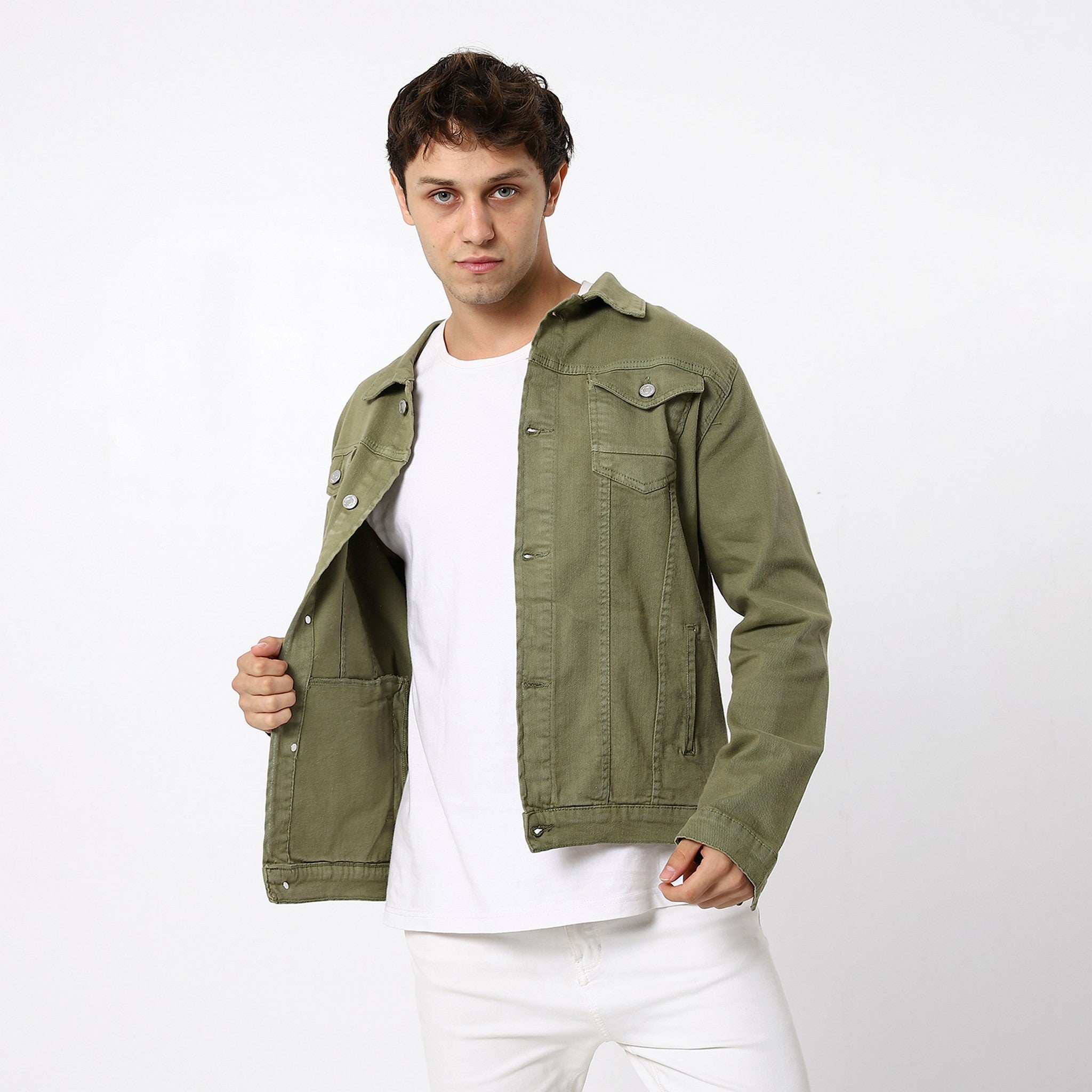 Olive Plain Fashionable Denim Jacket