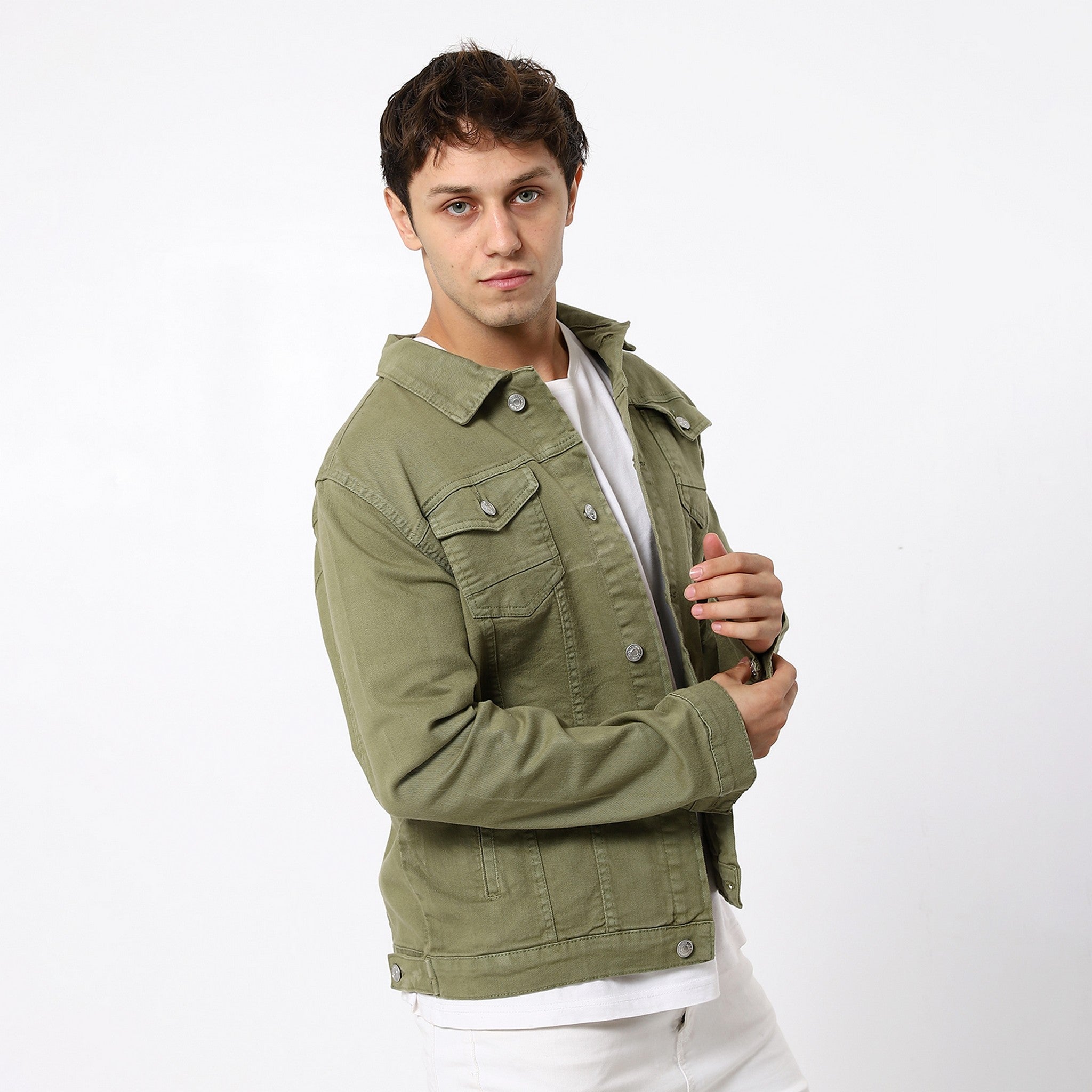 Olive Plain Fashionable Denim Jacket