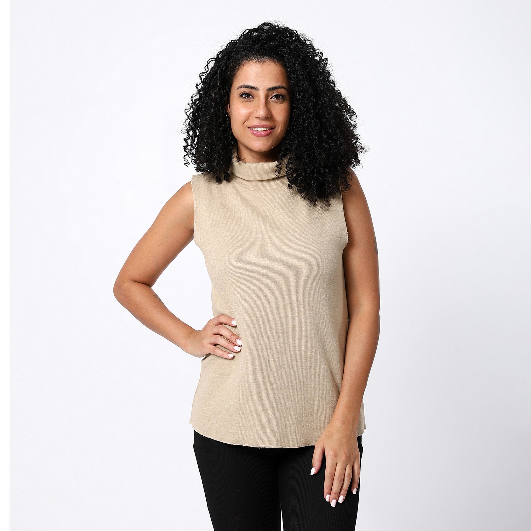 Puff Beige Sleeveless Turtle Neck Top