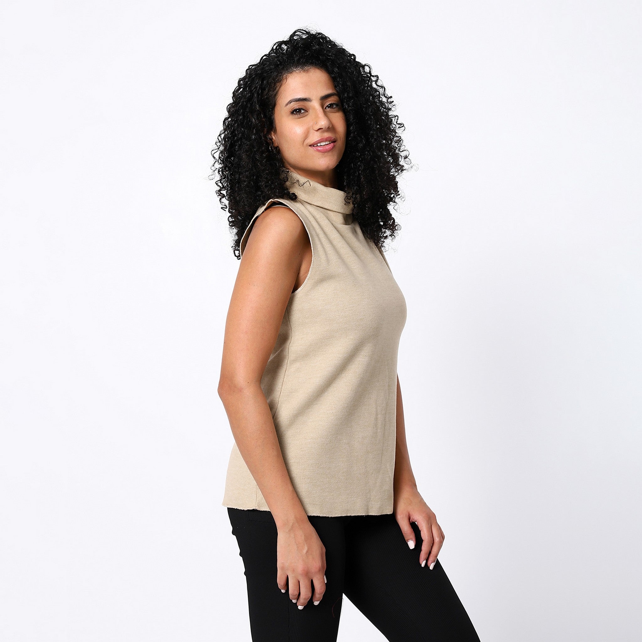 Puff Beige Sleeveless Turtle Neck Top