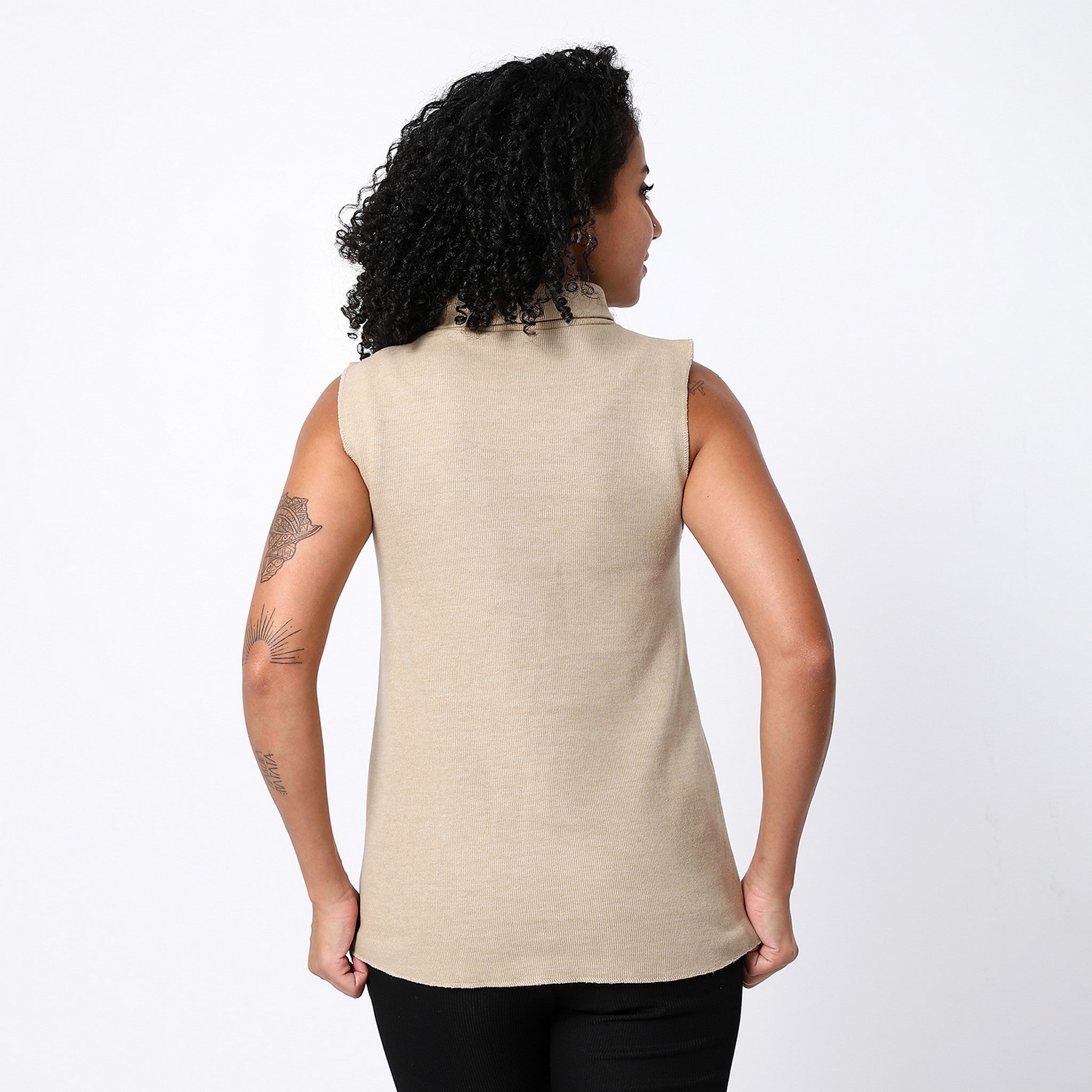 Puff Beige Sleeveless Turtle Neck Top