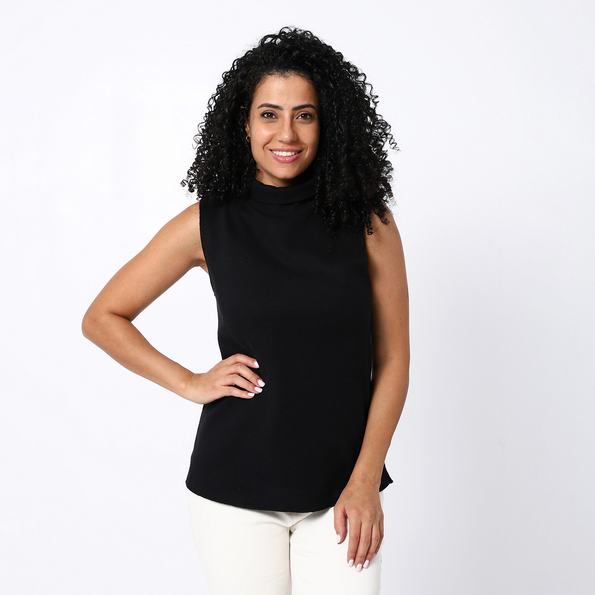 Black Knitted Sleeveless Turtle Neck Top