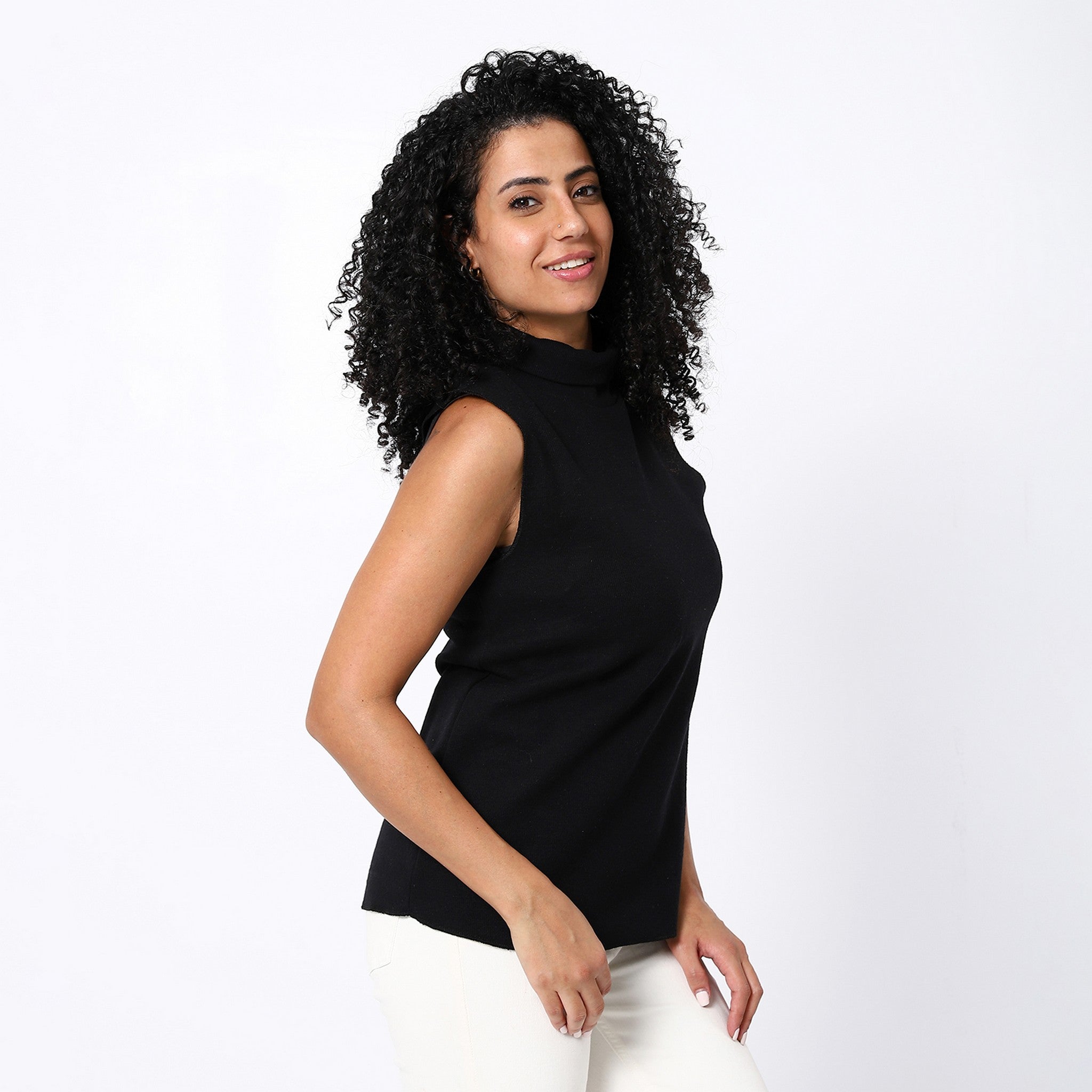 Black Knitted Sleeveless Turtle Neck Top