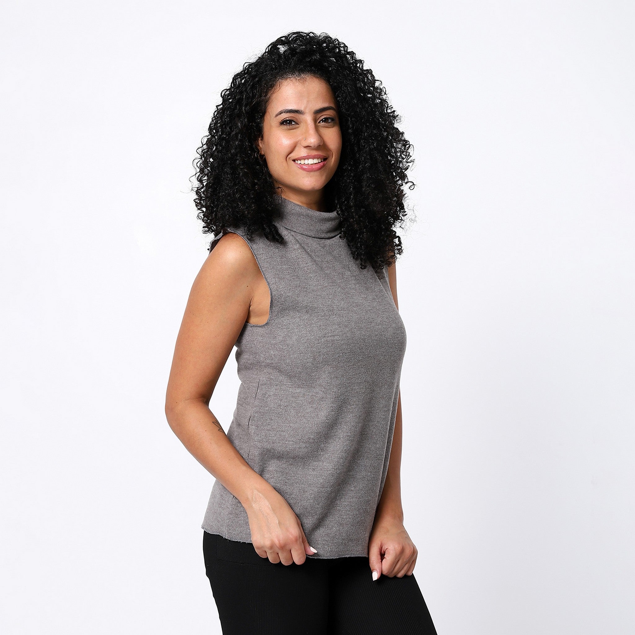 Fossil Grey Sleeveless Turtle Neck Top