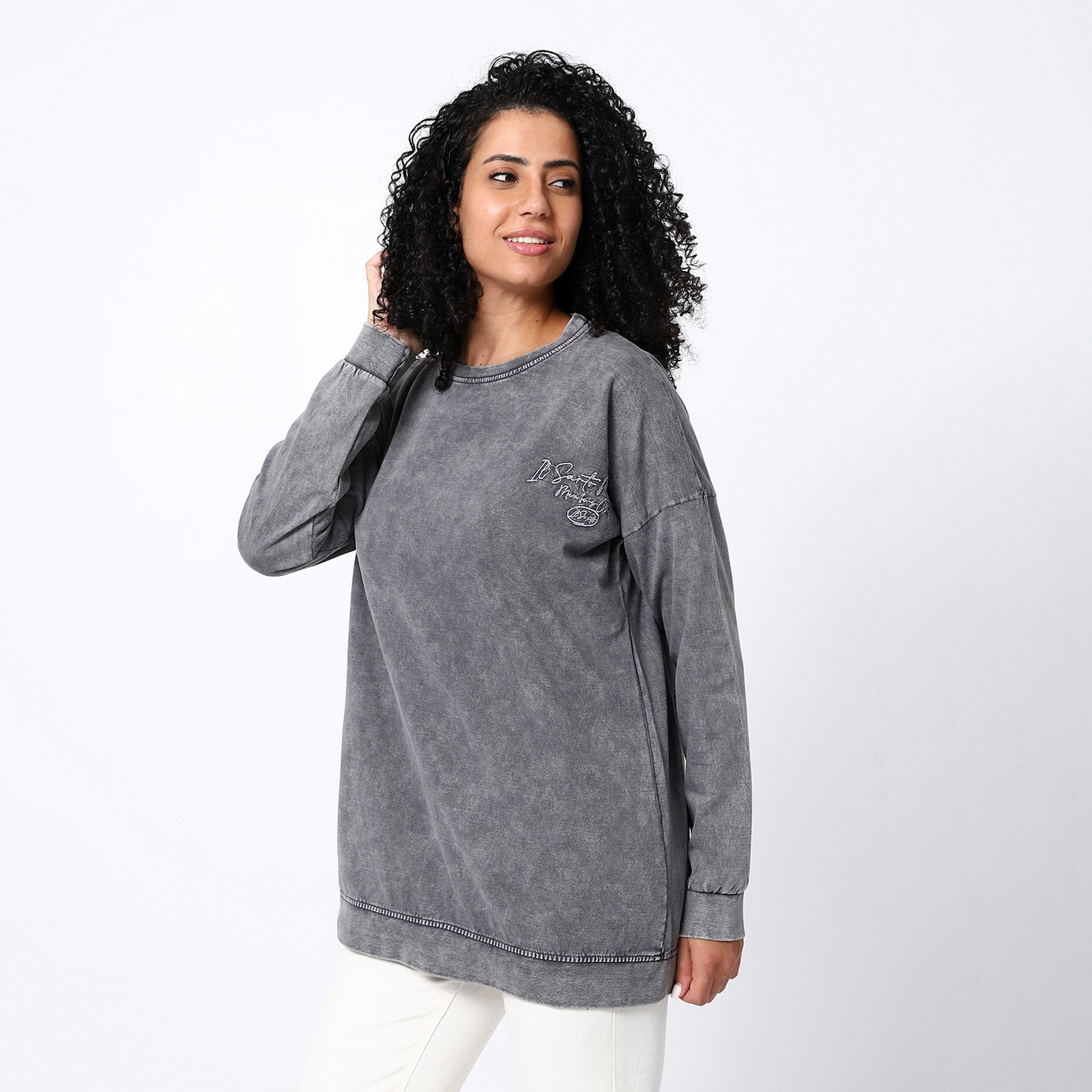 Washed Fossil Grey Comfy Long Sweatshirt