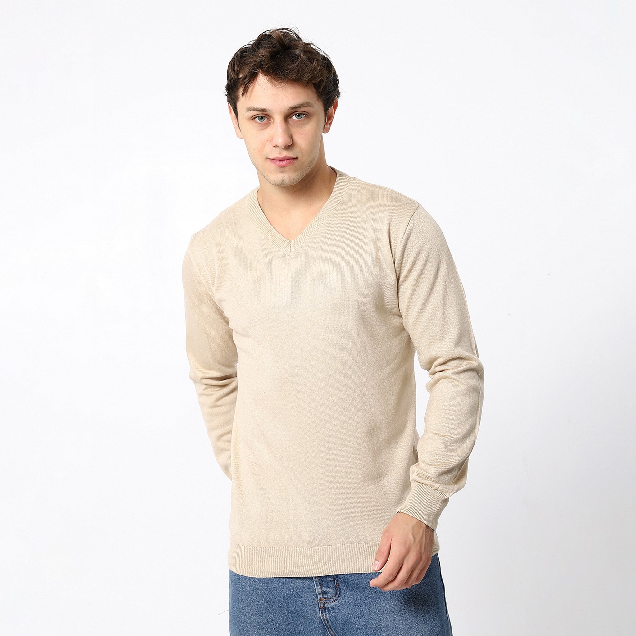 V-Neck Trendy Cosmic Latte Beige Pullover