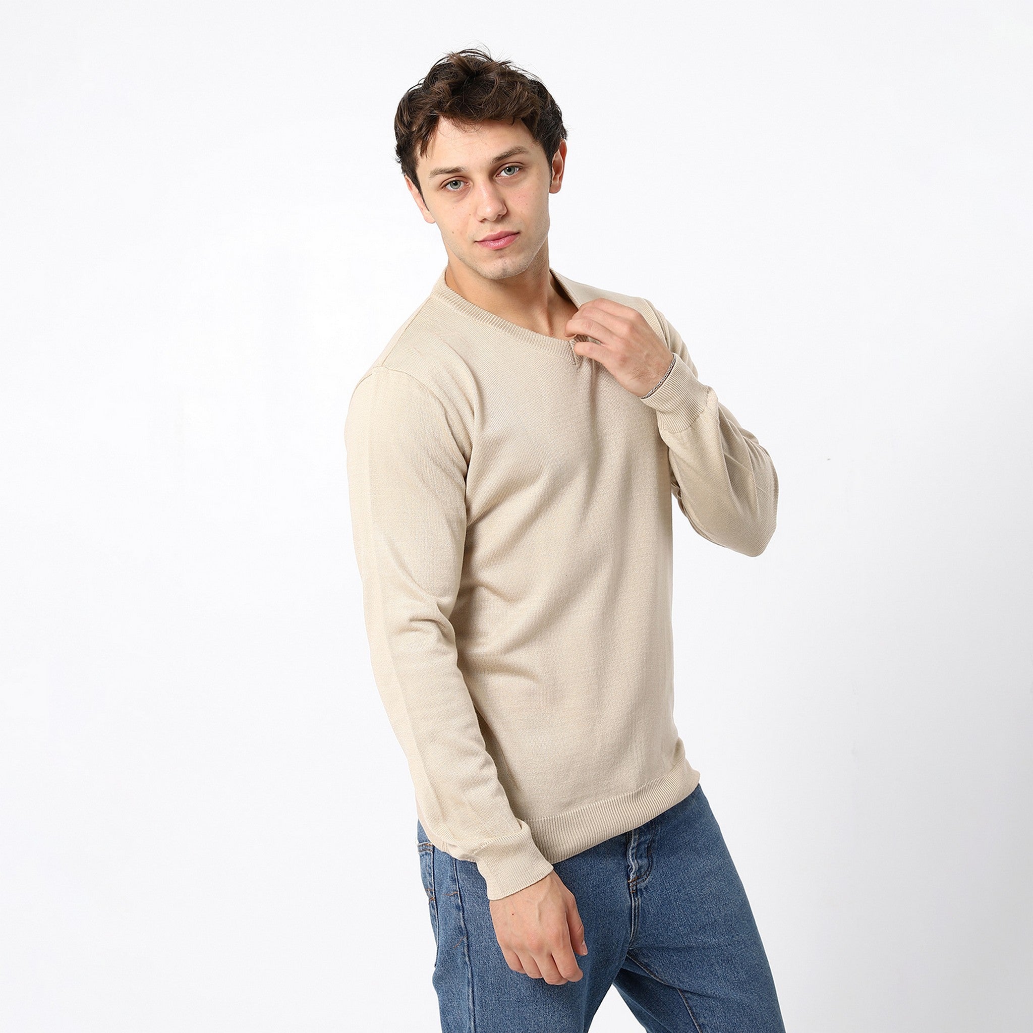 V-Neck Trendy Cosmic Latte Beige Pullover