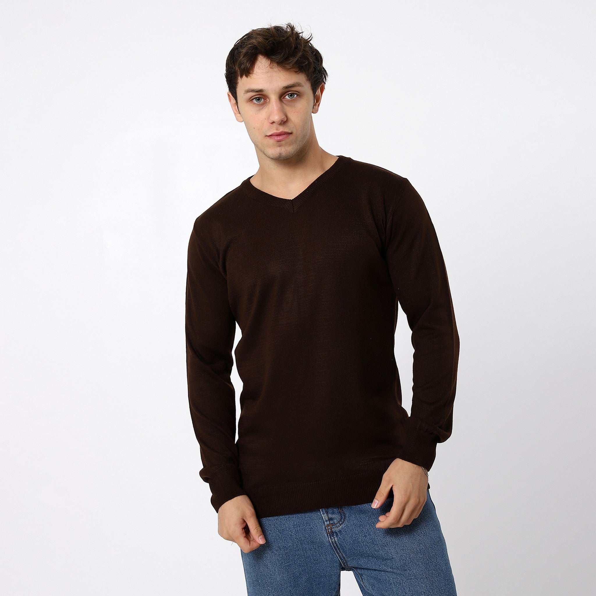 V-Neck Trendy Chocolate Brown Pullover