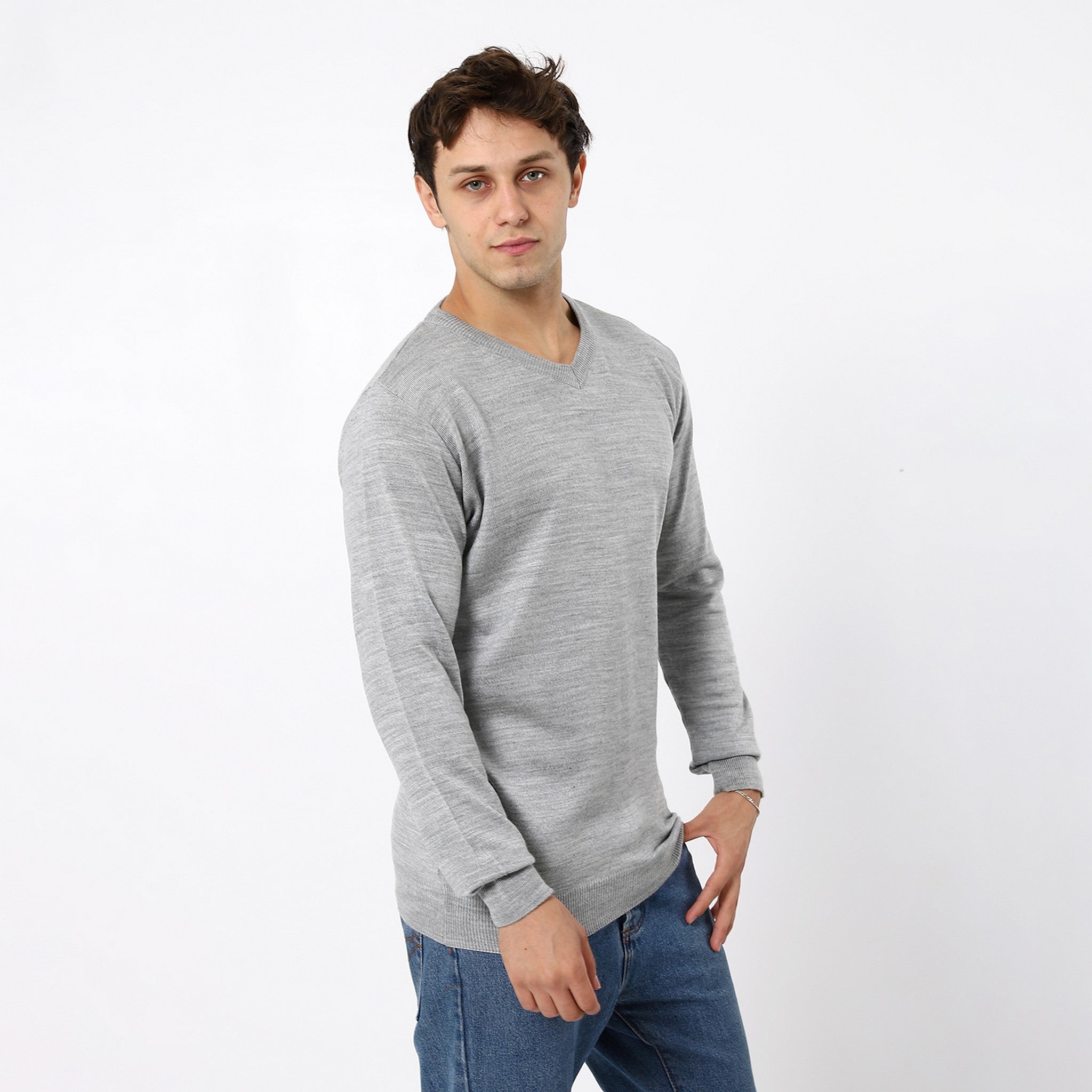 V-Neck Trendy Heather Coin Grey Pullover