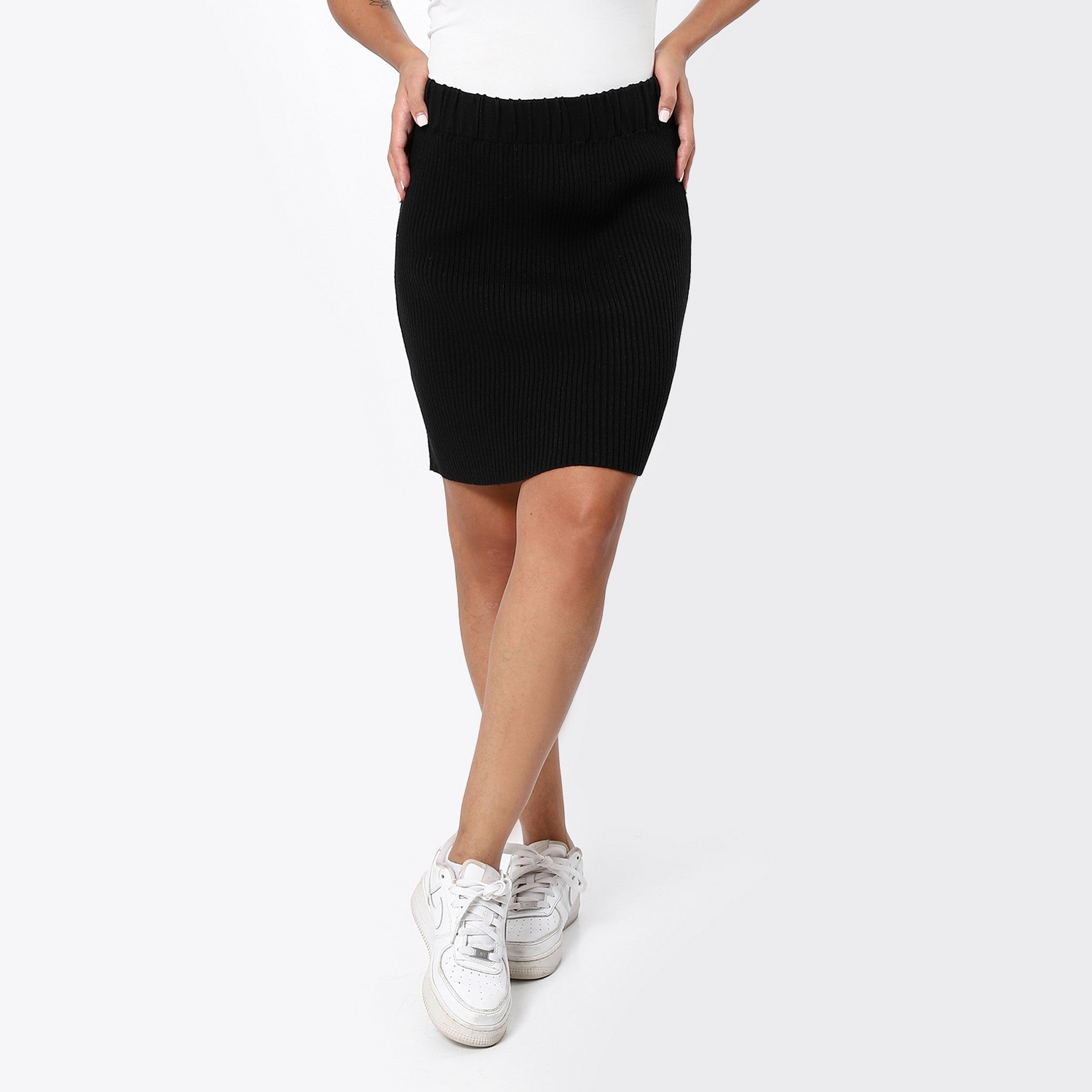 Elastic Ribbed Casual Pencil Black Skirt