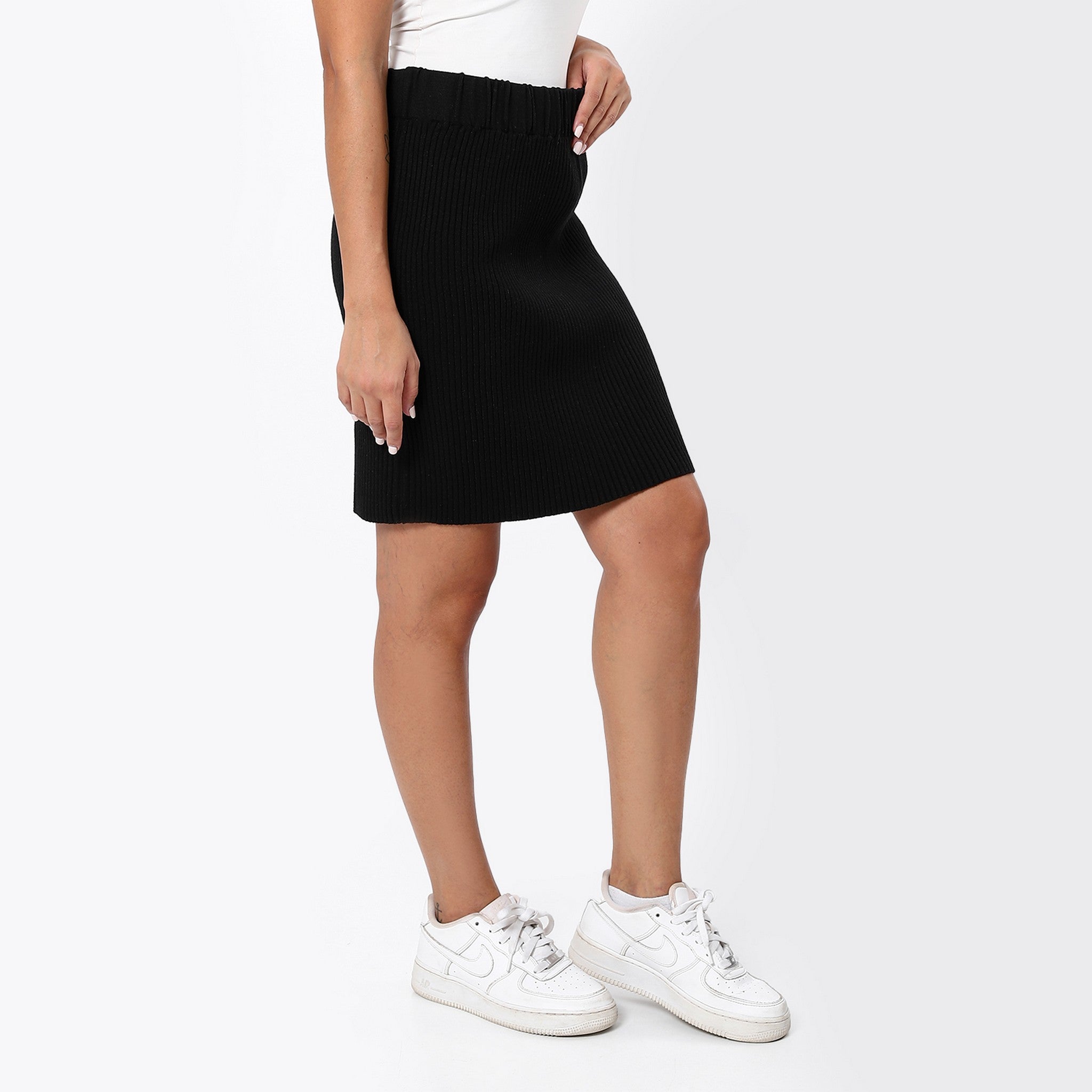 Elastic Ribbed Casual Pencil Black Skirt