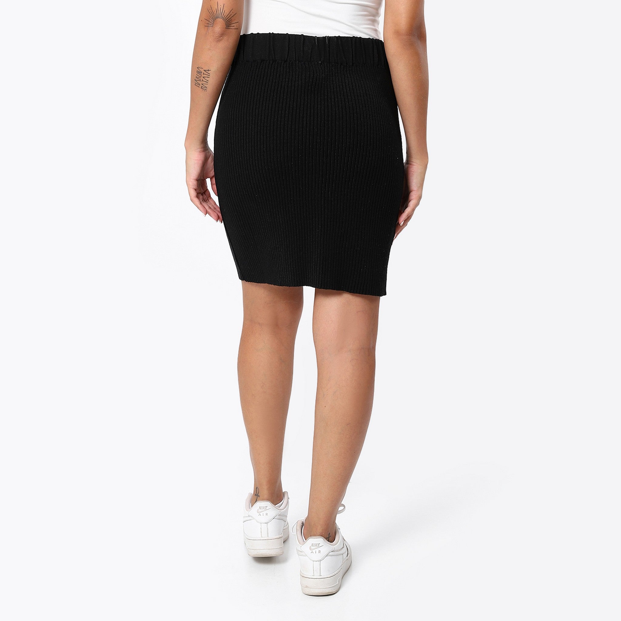 Elastic Ribbed Casual Pencil Black Skirt