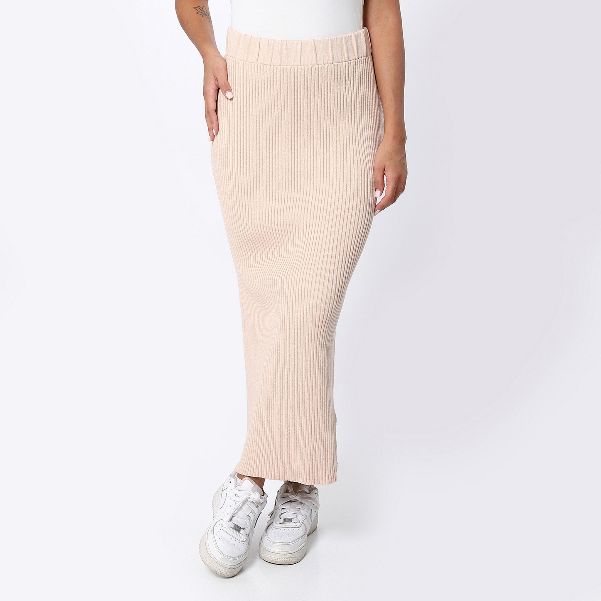 Ribbed Buff Beige Long Pencil Skirt