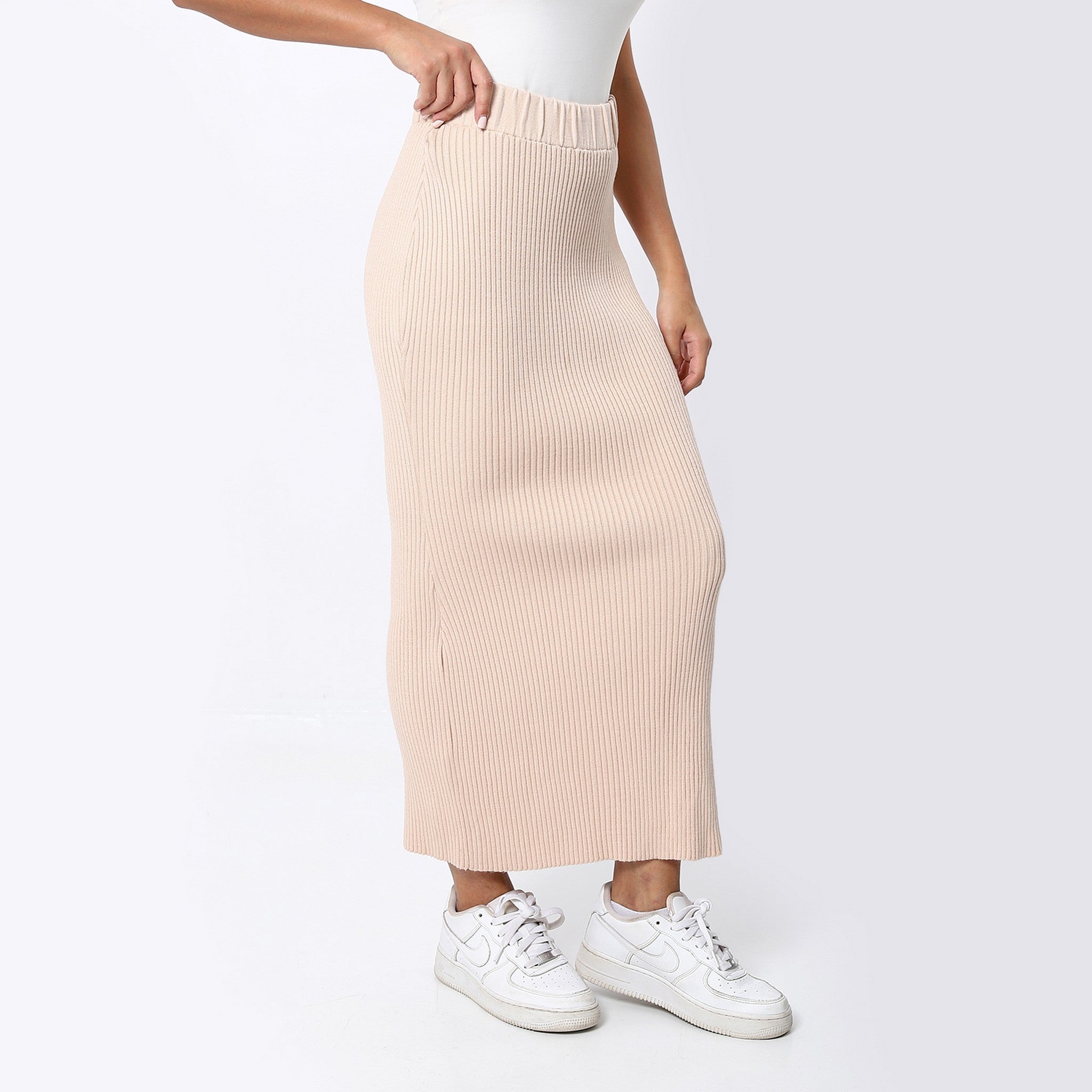 Ribbed Buff Beige Long Pencil Skirt