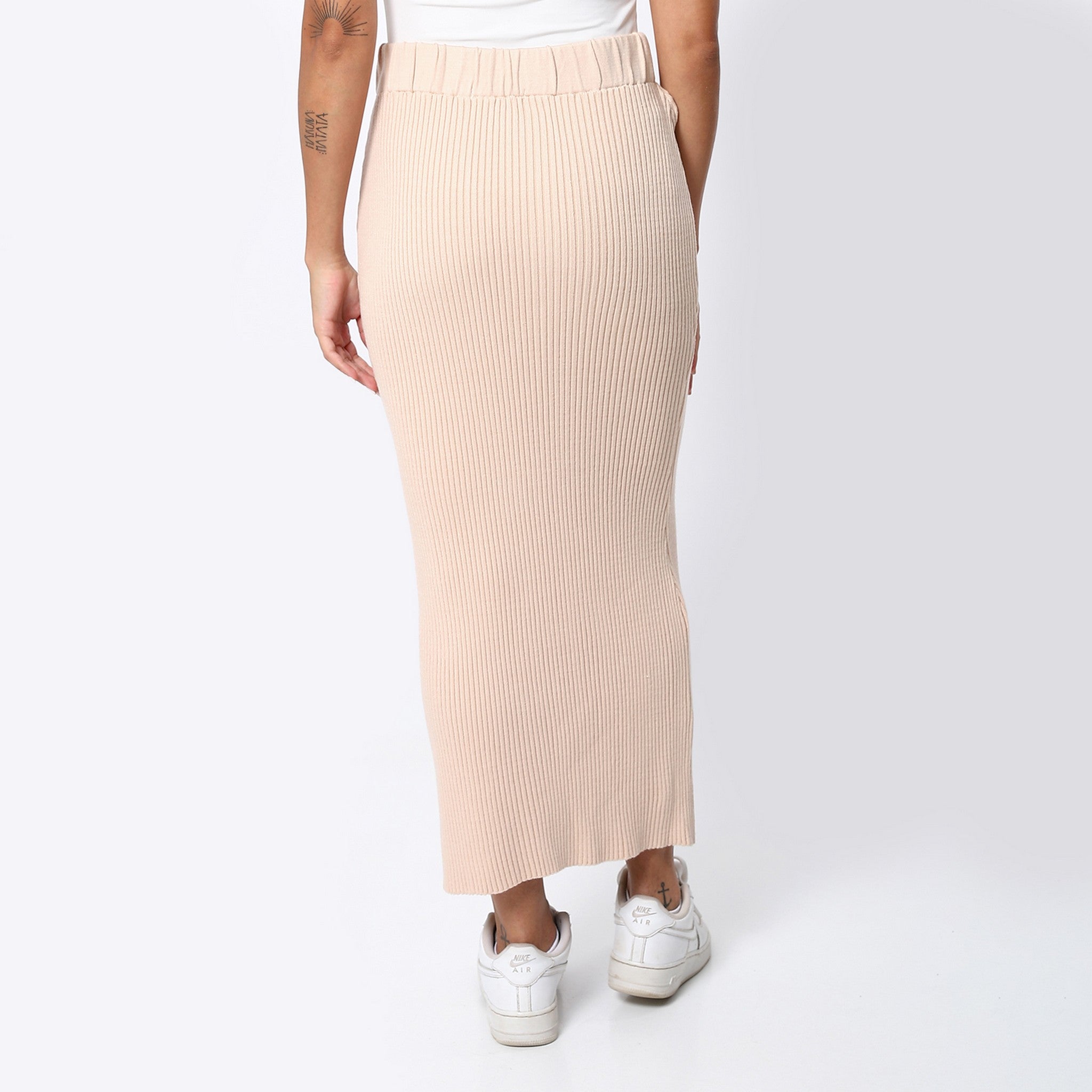 Ribbed Buff Beige Long Pencil Skirt