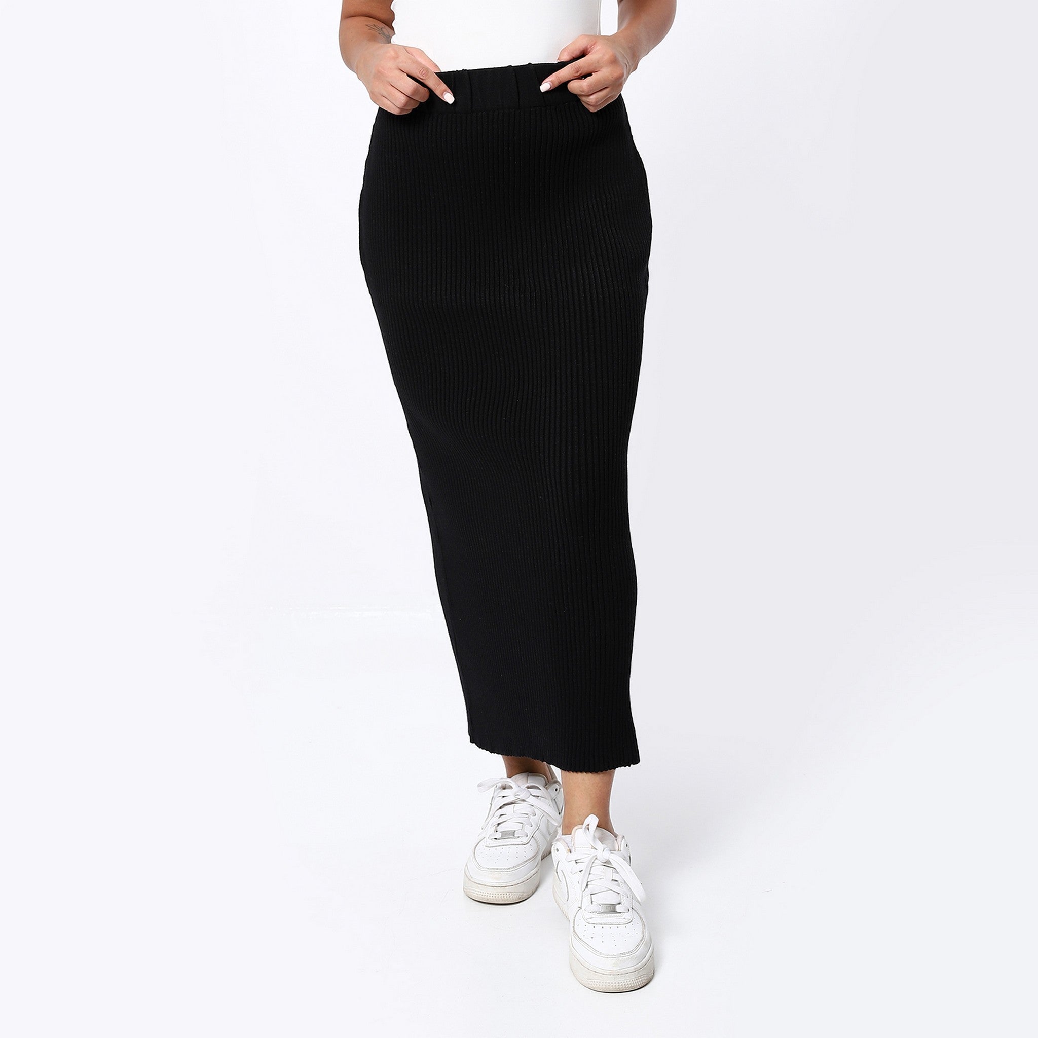 Ribbed Black Long Pencil Skirt