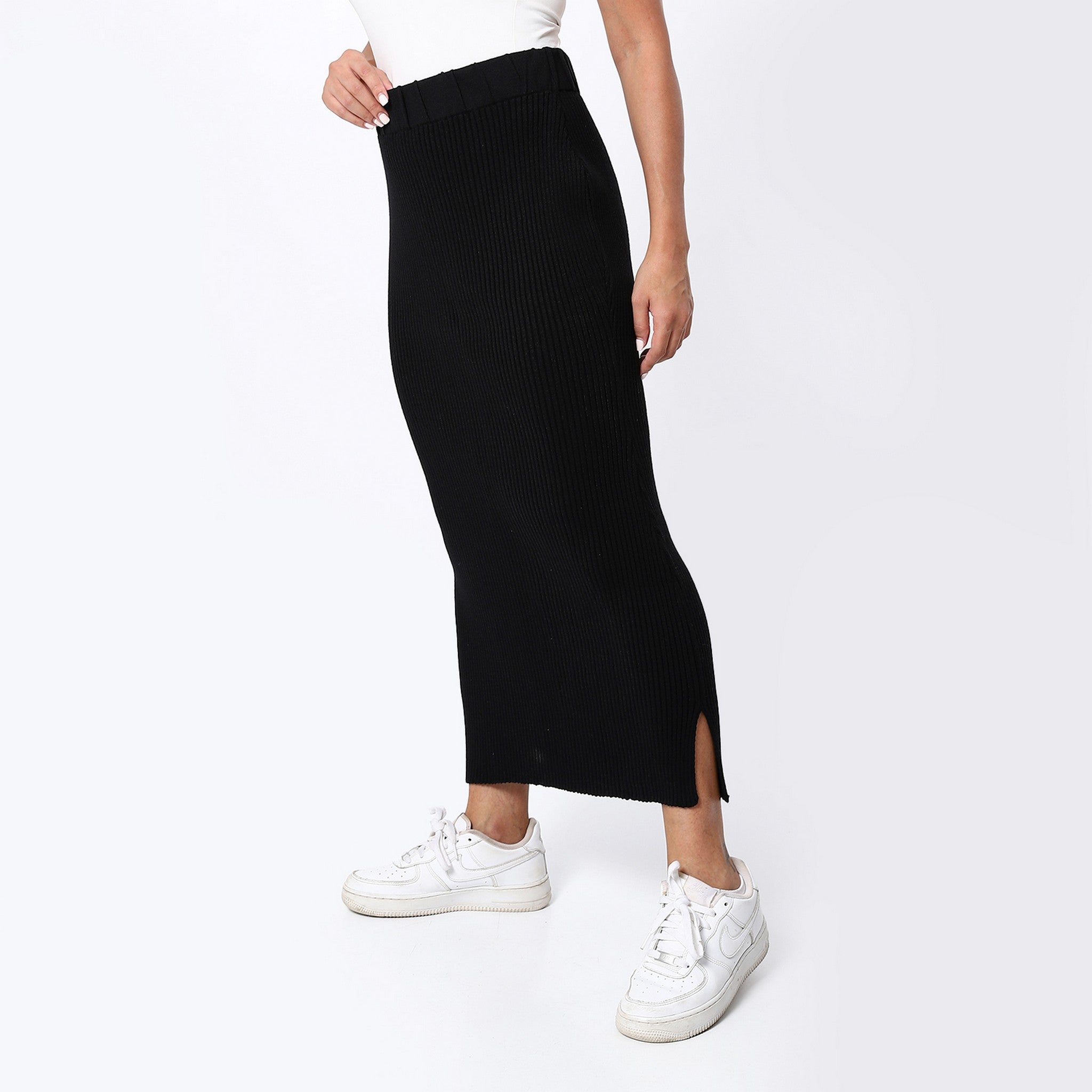 Ribbed Black Long Pencil Skirt