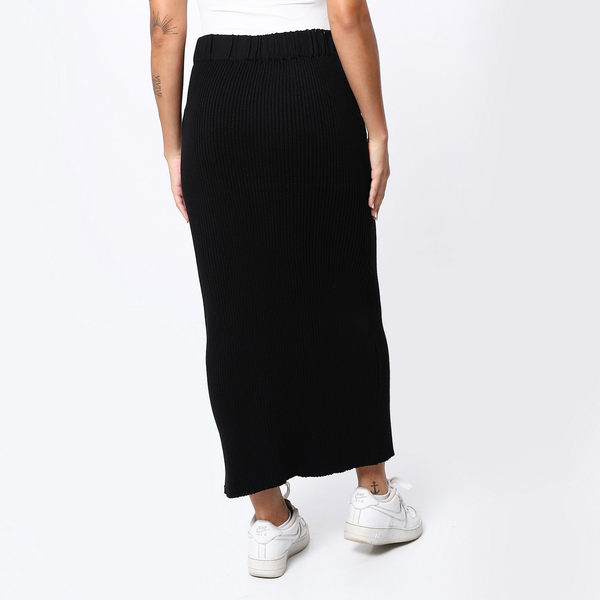 Ribbed Black Long Pencil Skirt