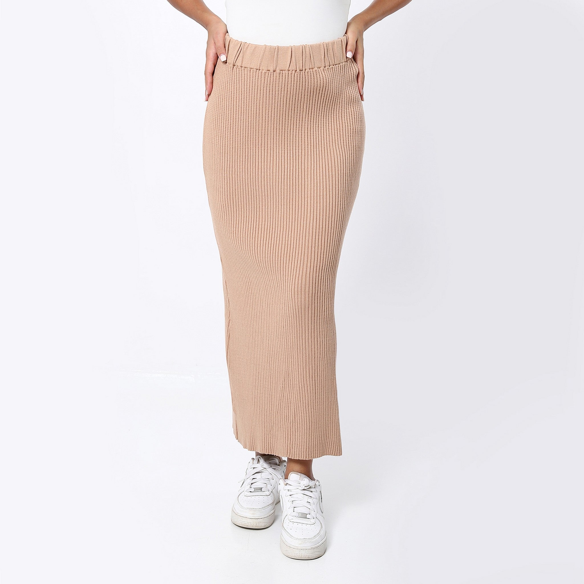 Ribbed Stone Beige Long Pencil Skirt