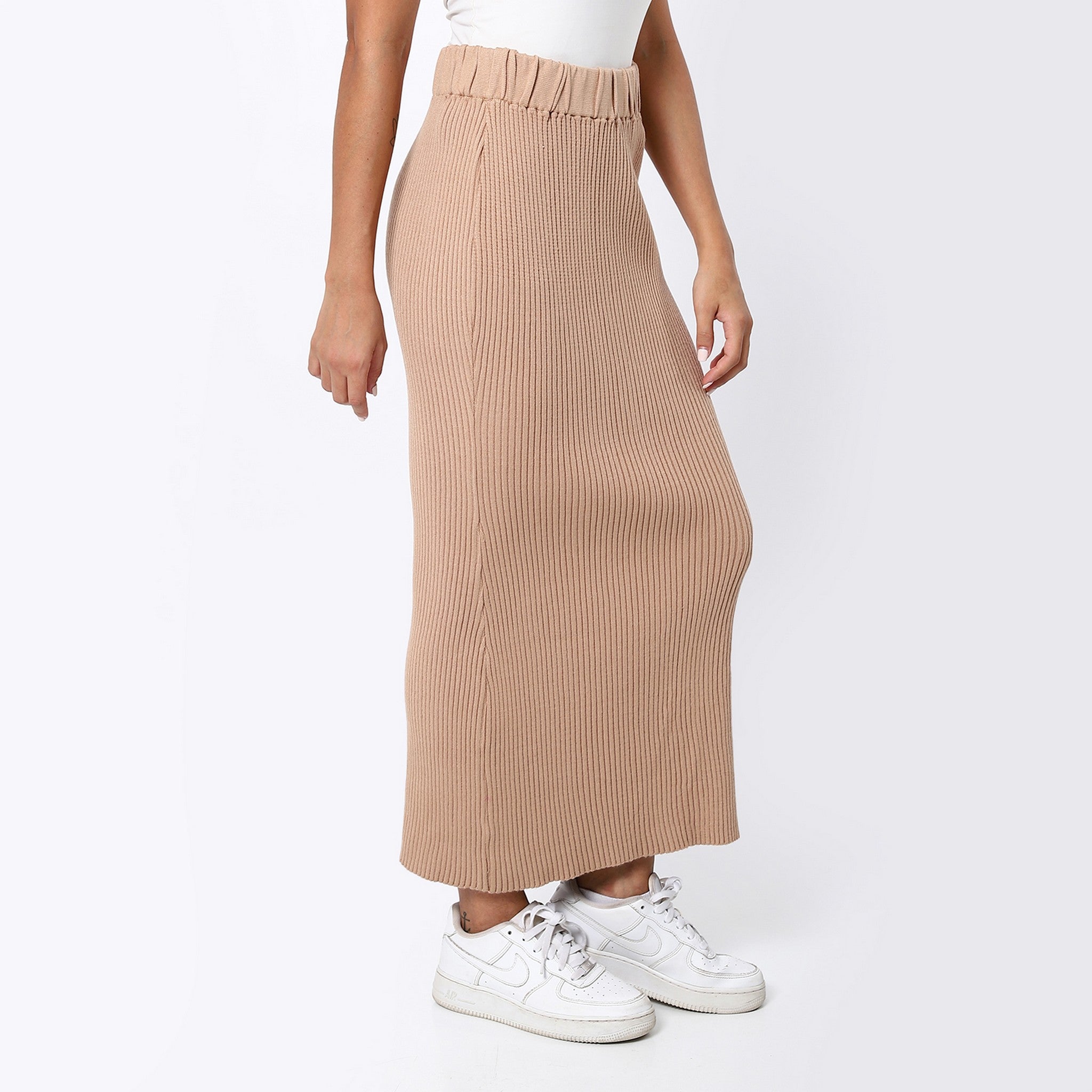 Ribbed Stone Beige Long Pencil Skirt