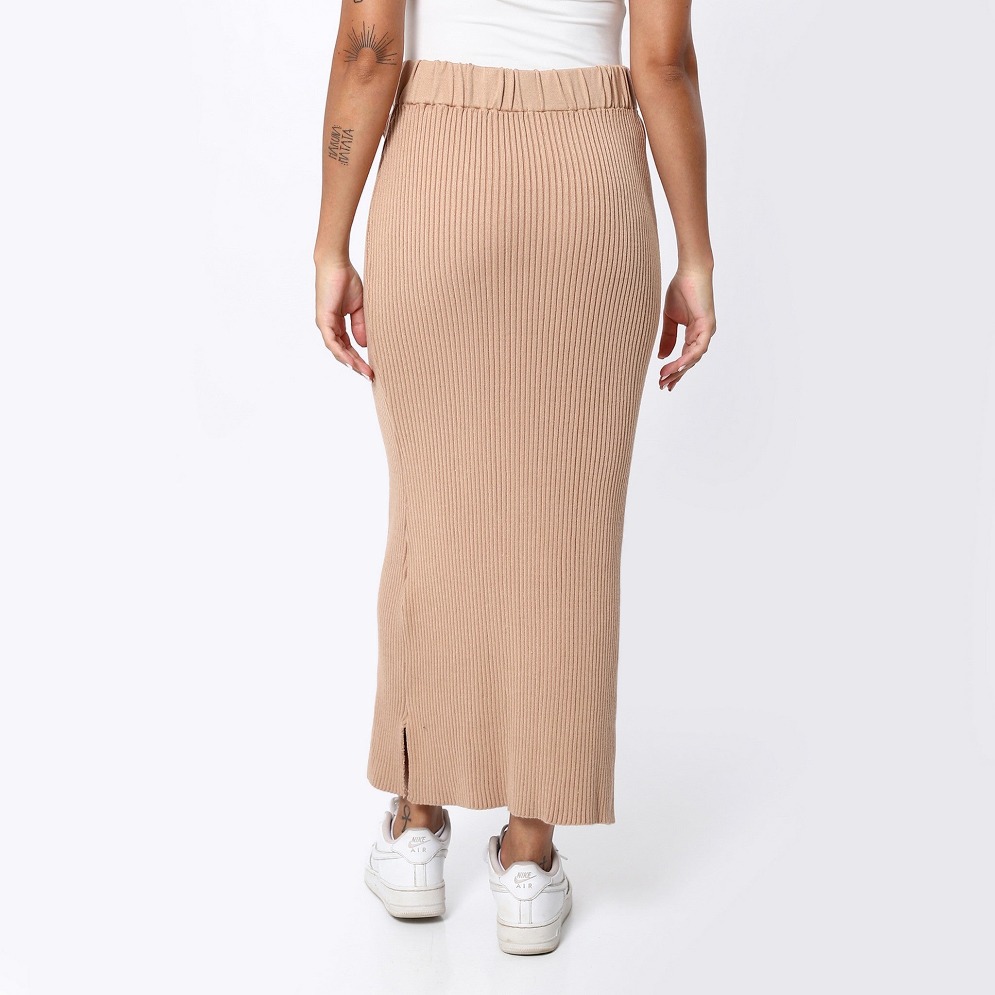 Ribbed Stone Beige Long Pencil Skirt