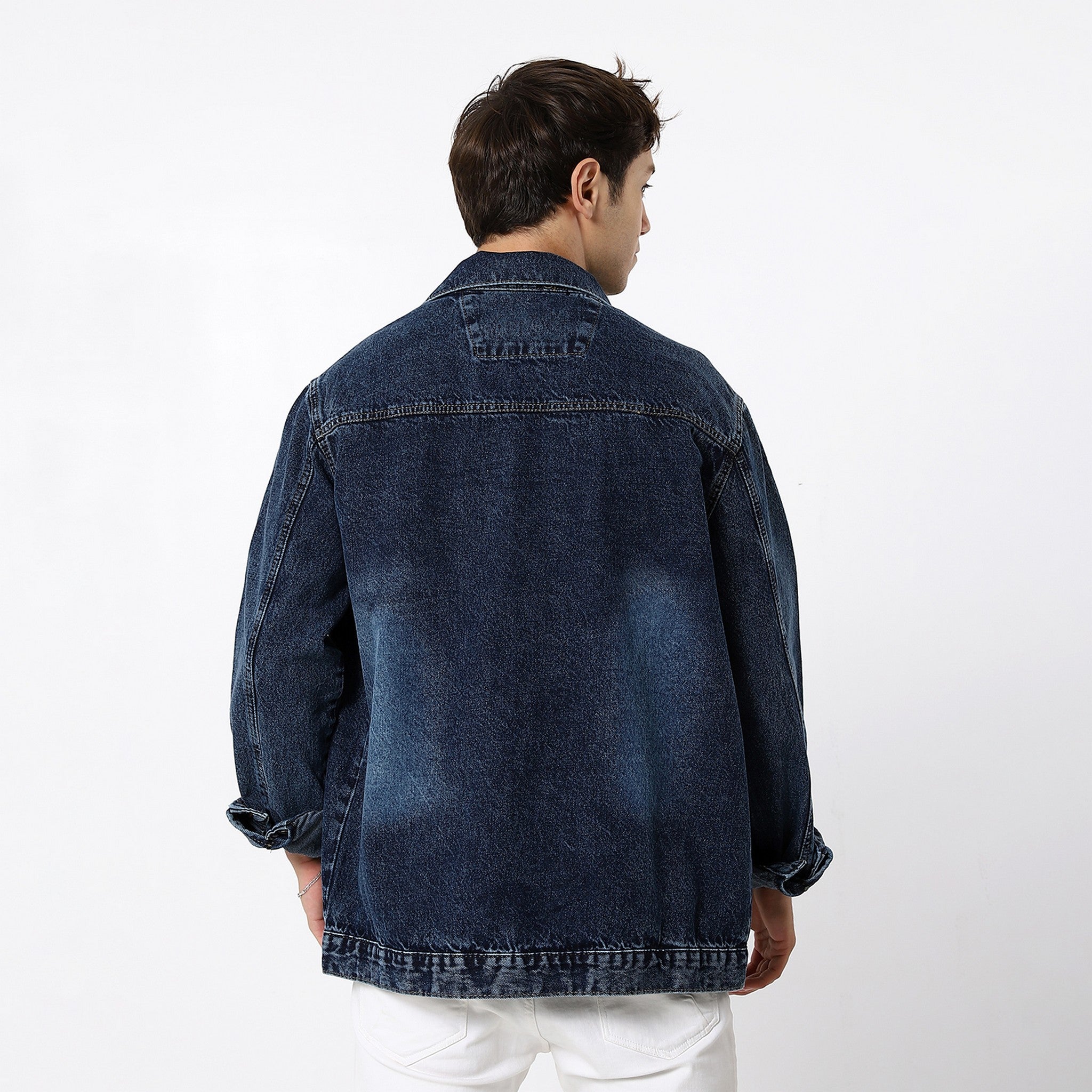 Self Dark Blue Patterned Denim Jacket