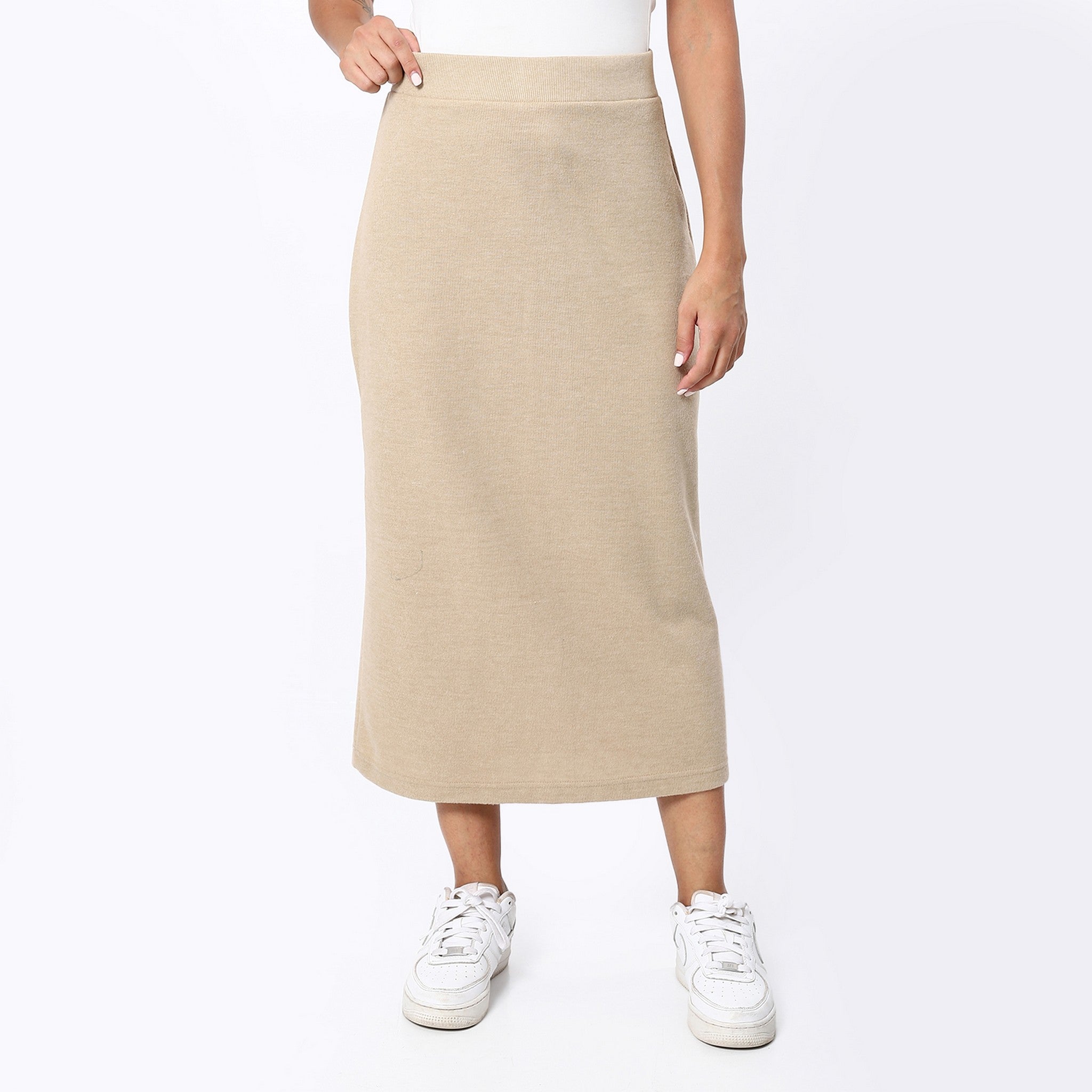 Mid-Long Buff Beige Pencil Heather Skirt