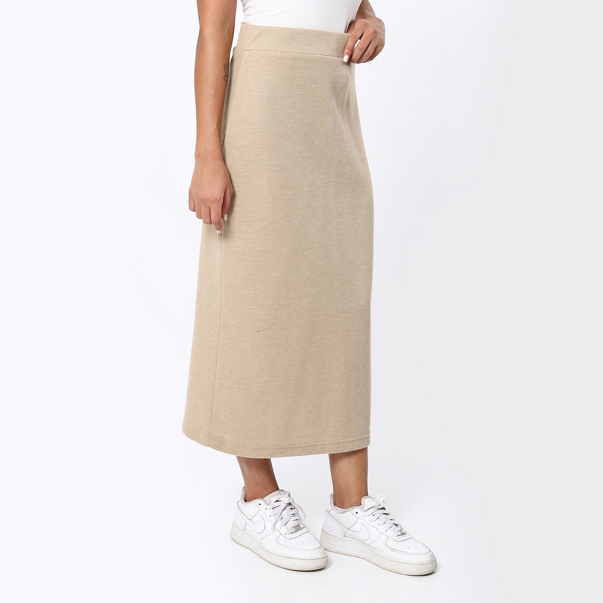 Mid-Long Buff Beige Pencil Heather Skirt